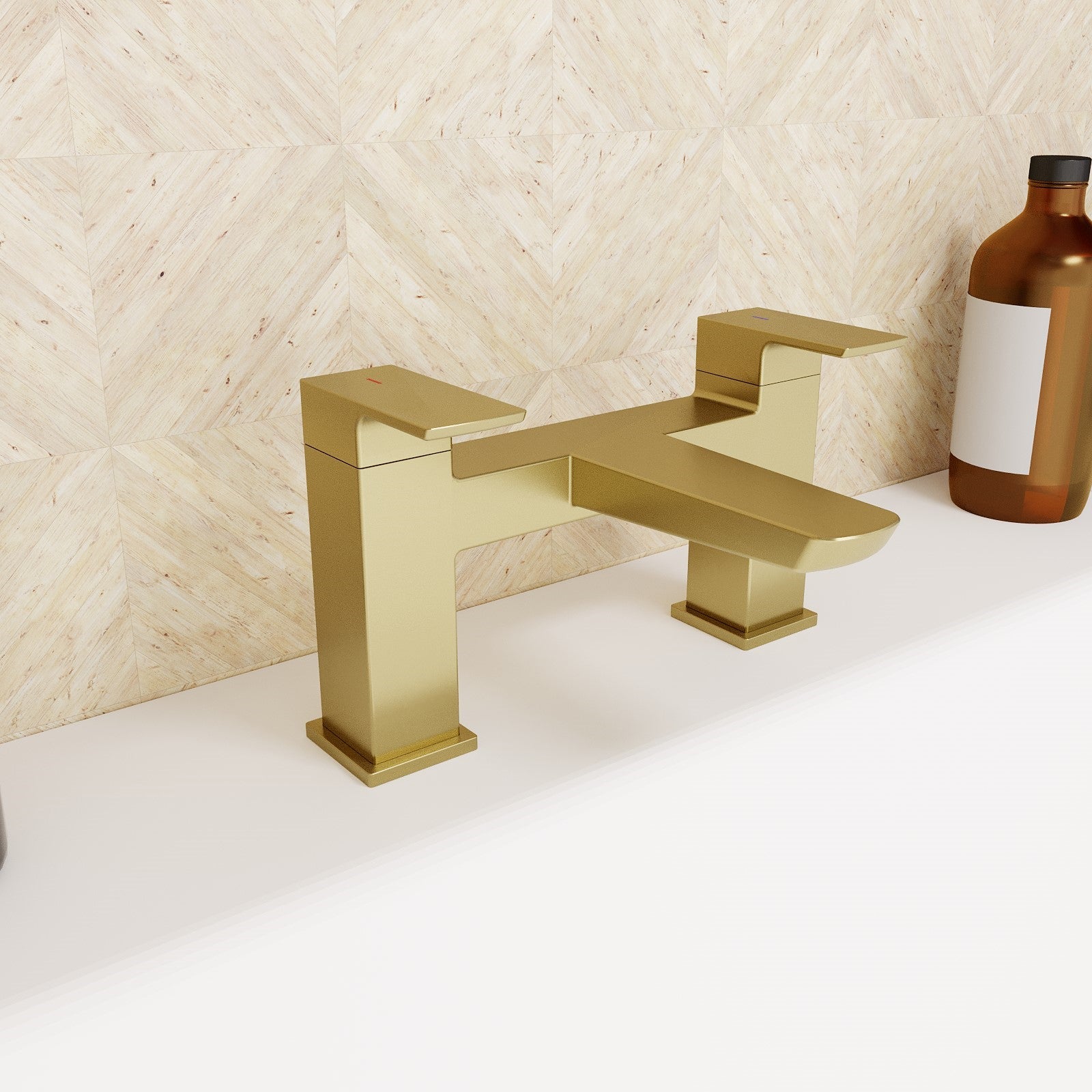 Astra Square Gold Brushed Brass Bathroom Square Deck Mounted Bath Filler Tap