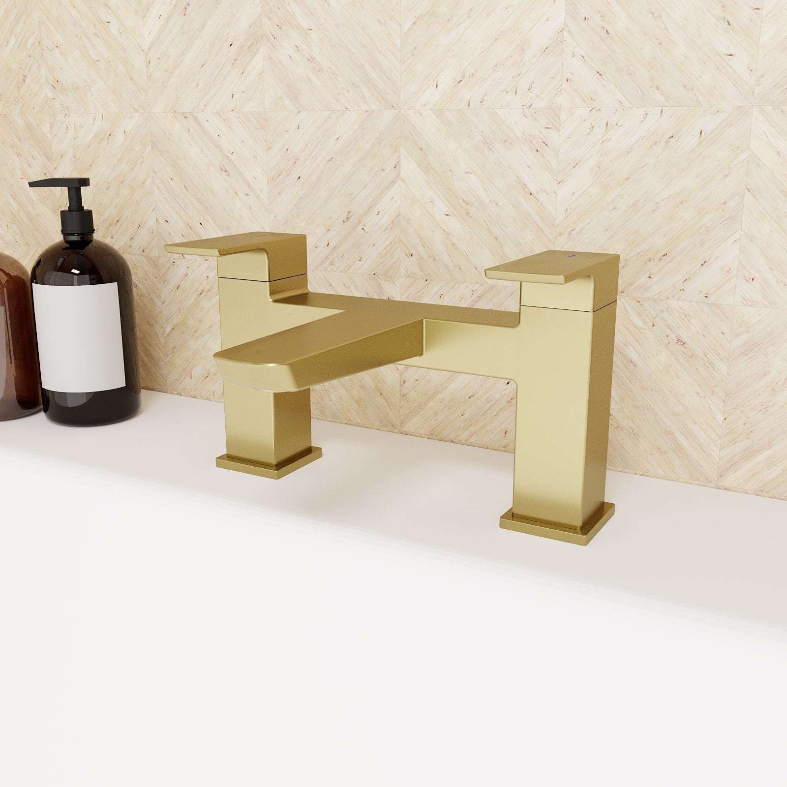 Astra Square Gold Brushed Brass Bathroom Square Deck Mounted Bath Filler Tap