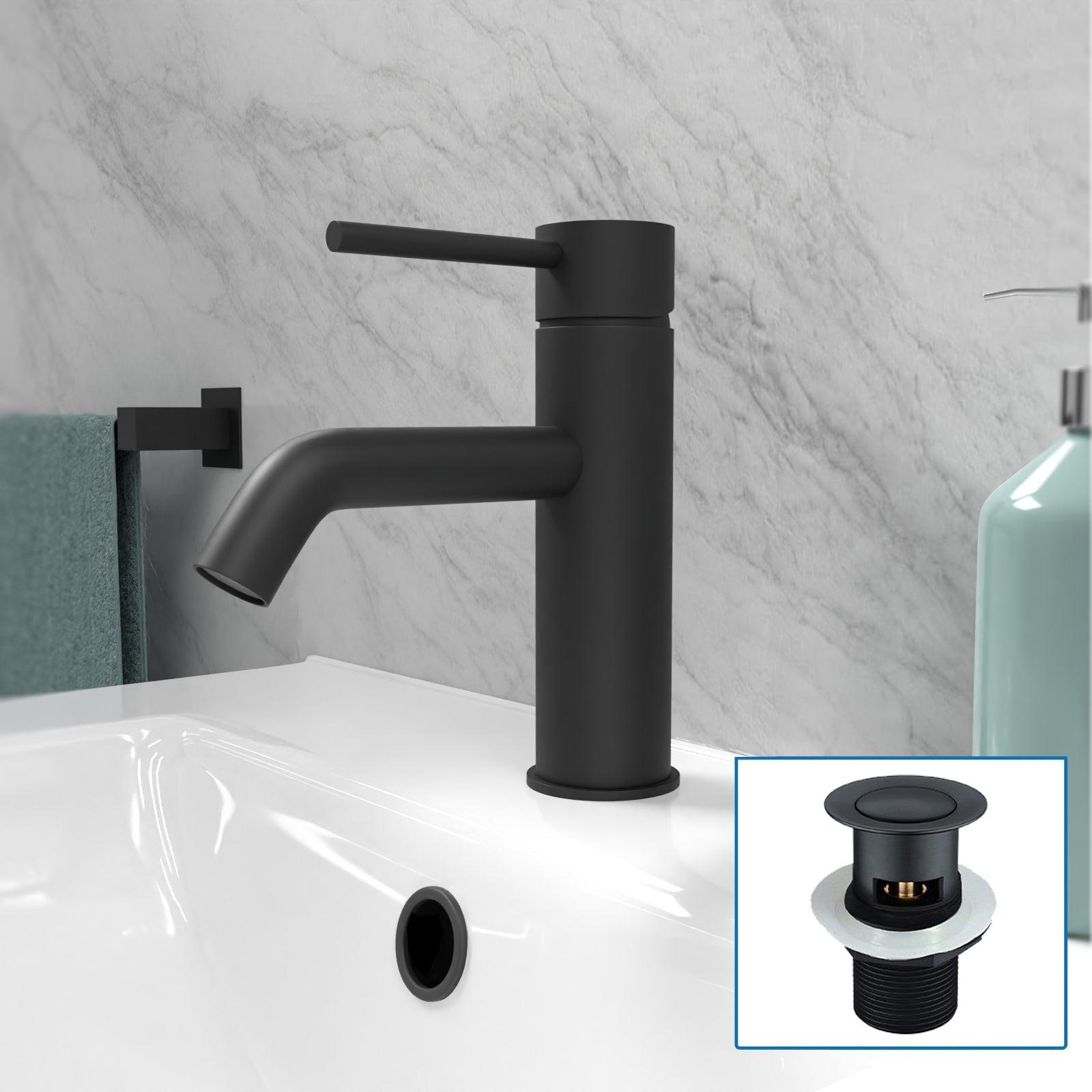 Matt Black Deck Mounted Round Single Lever Basin Mono Tap with Waste