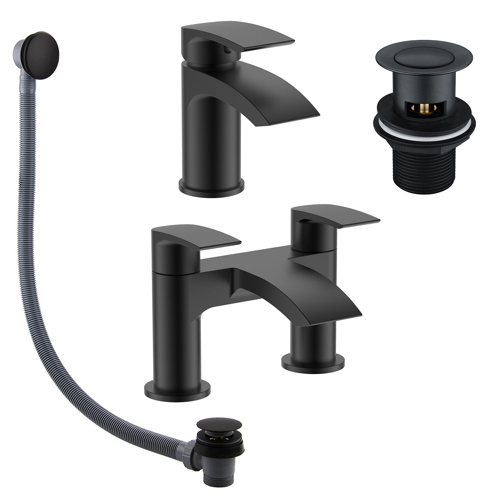 Matte Black Round Basin Tap & Bath Filler with Sink & Sprung Waste Set