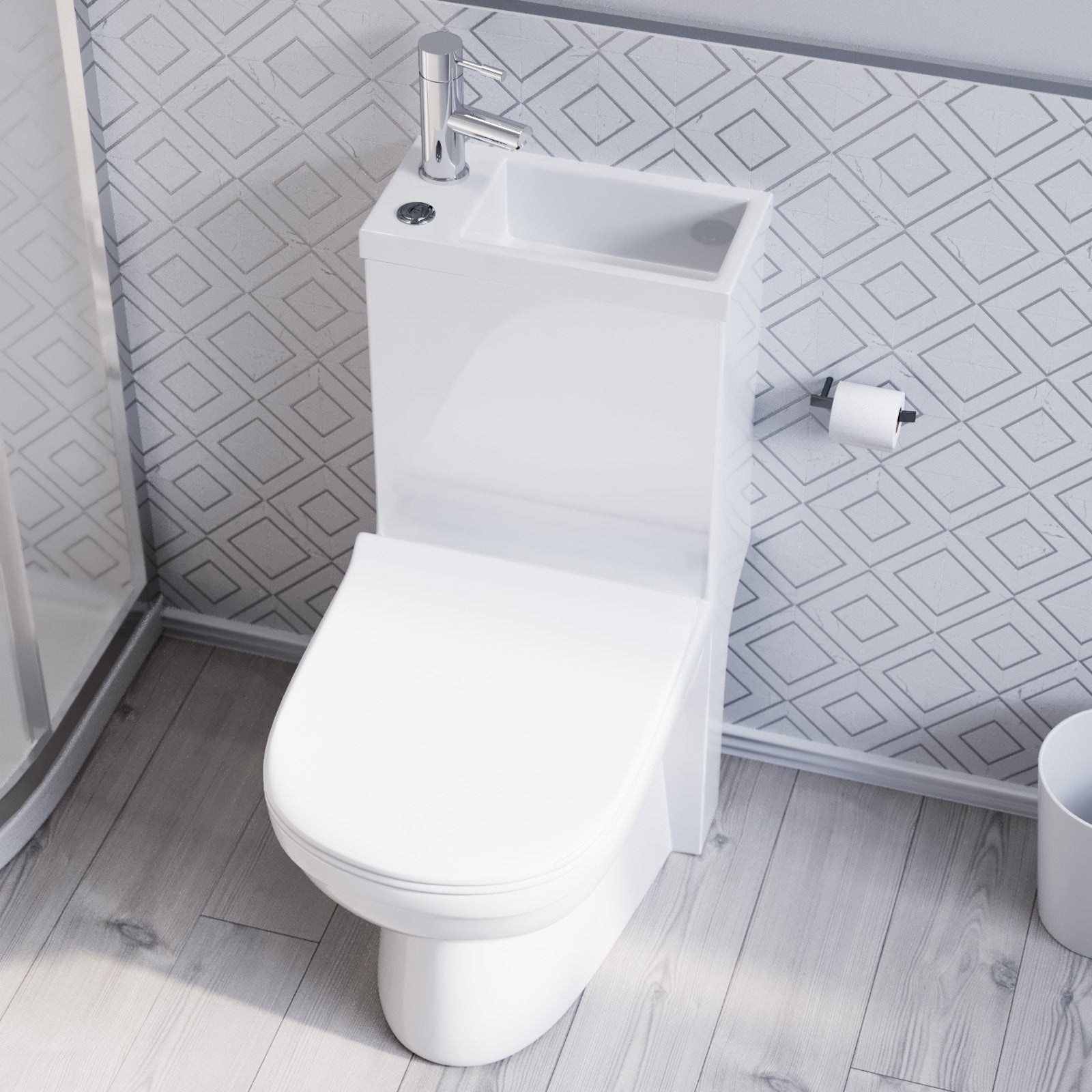 White Modern One Piece 2 in 1 Close Coupled Pan Round with Basin