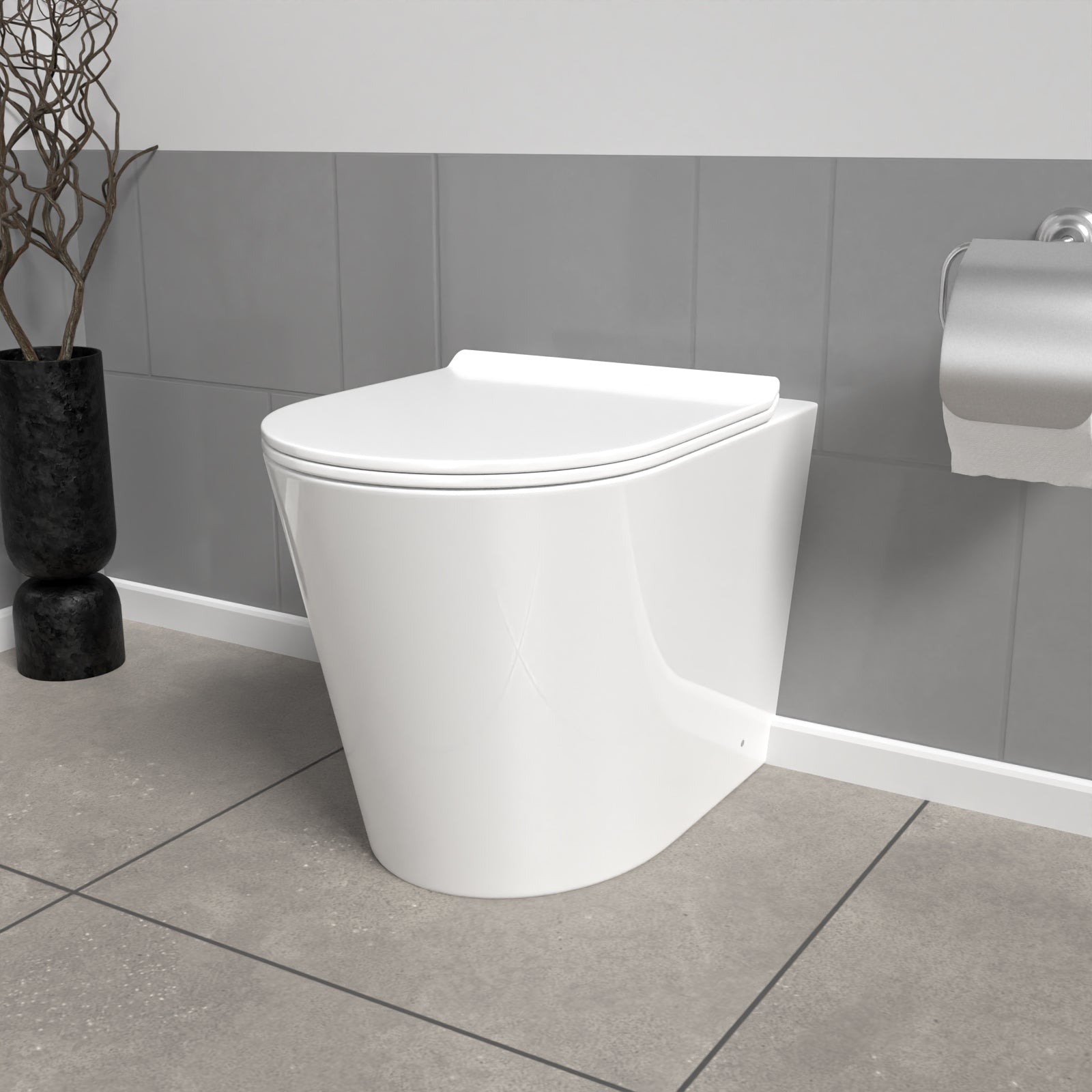 White Modern Rimless Round Back to Wall Toilet with Soft Close Seat