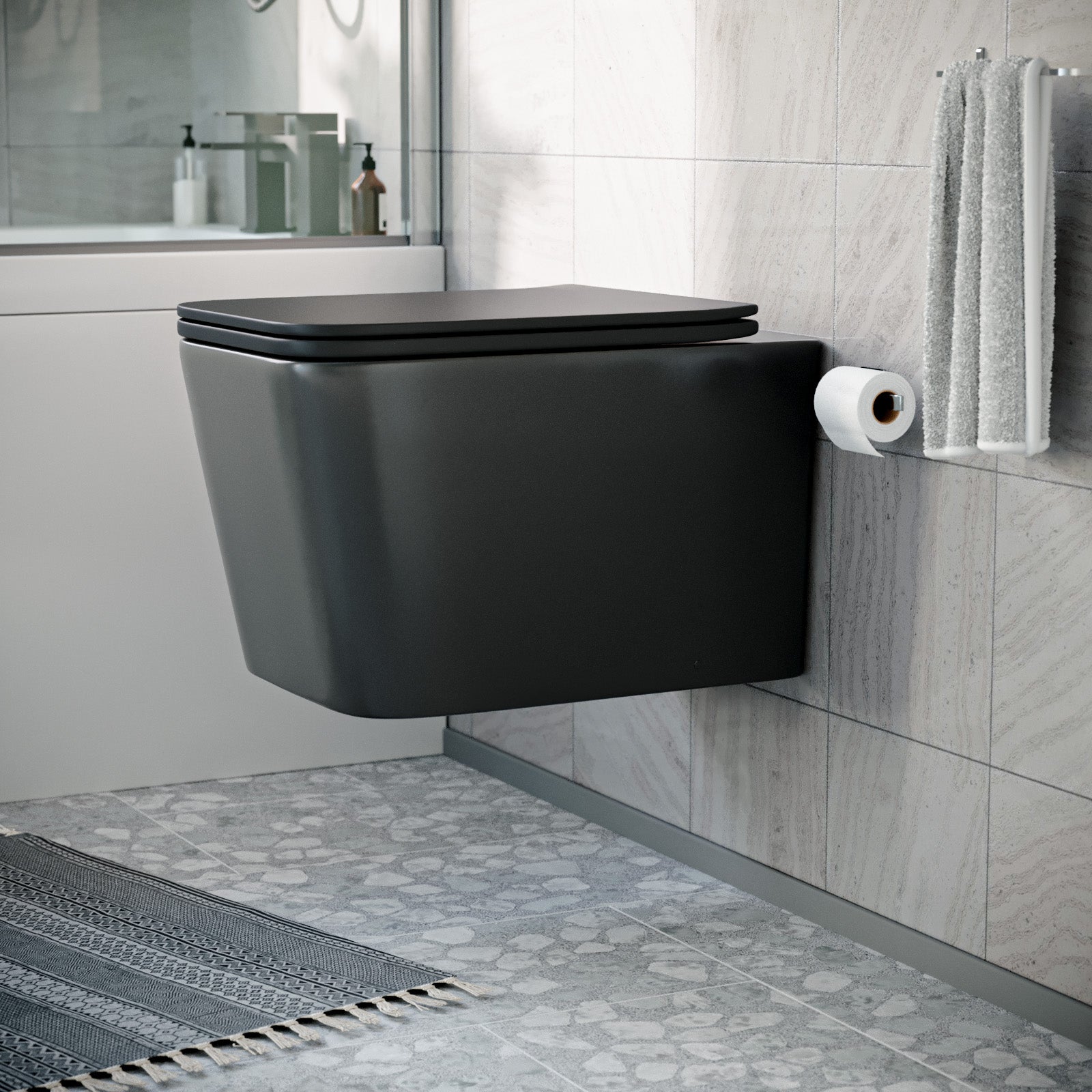 Modern Matt Black Square Wall Hung Toilet Pan with Soft Close Seat