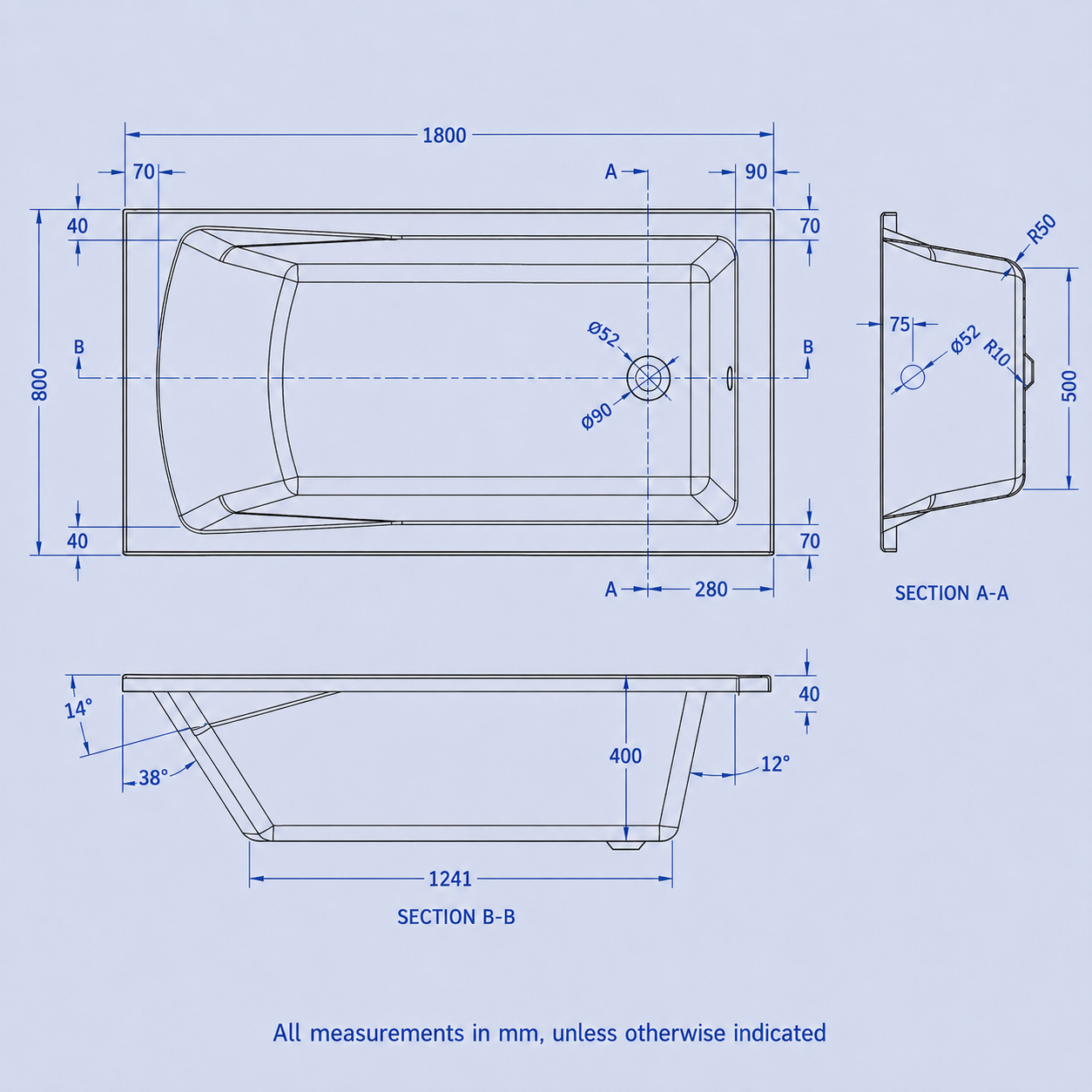 1800 x 800mm White Single Ended Square Bath with Bath Leg