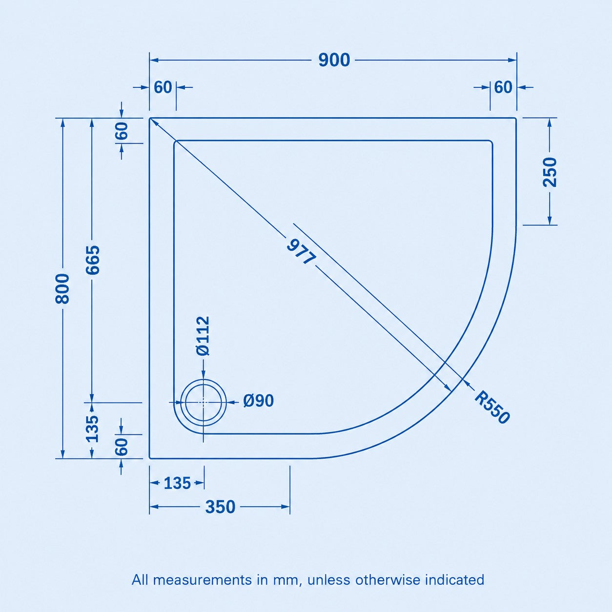 RH 900mm x 800mm Offset Quadrant Shower Tray