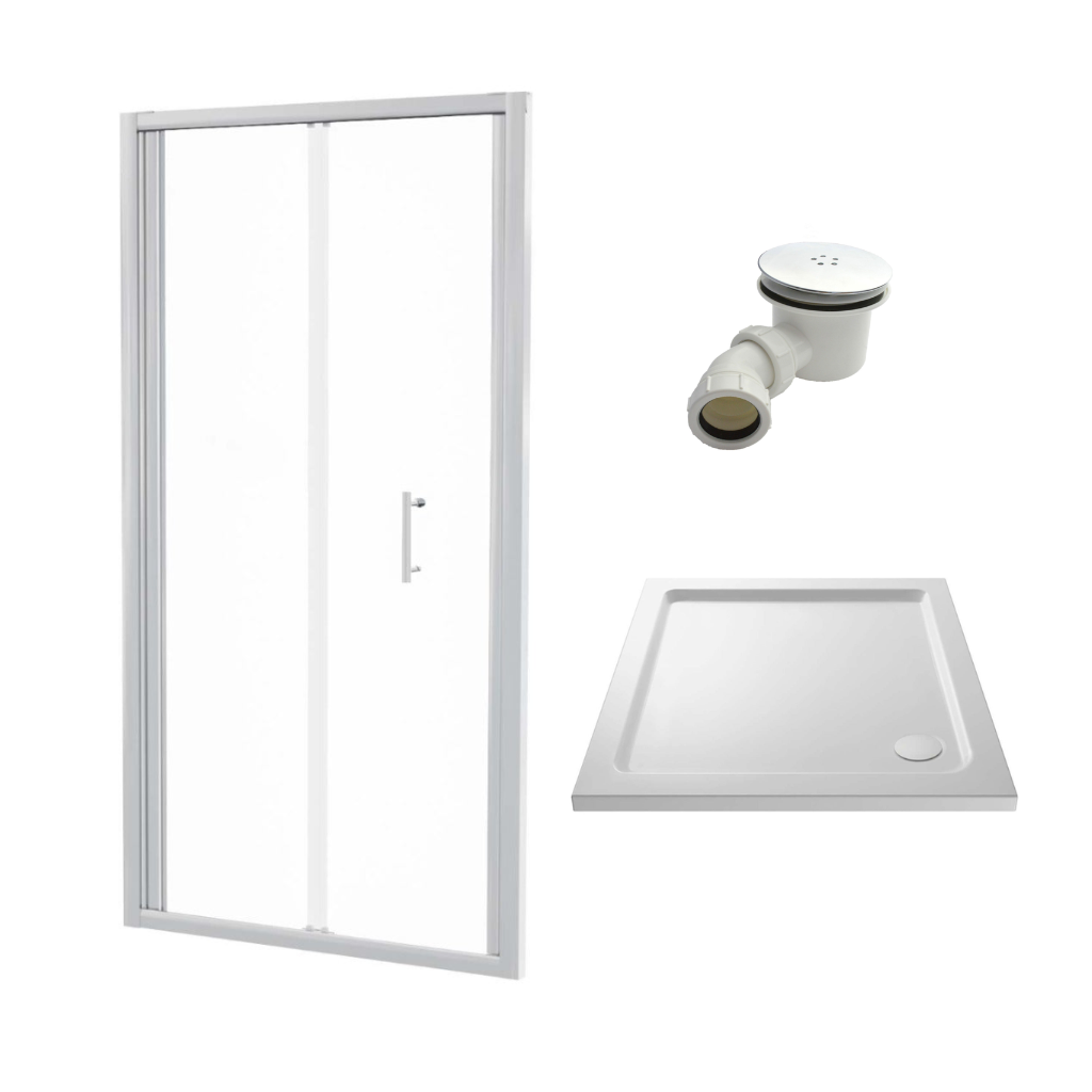 Bi Fold 1000 x 800mm Chrome Framed Shower Door Enclosure 6mm Tempered Glass, Tray & Waste