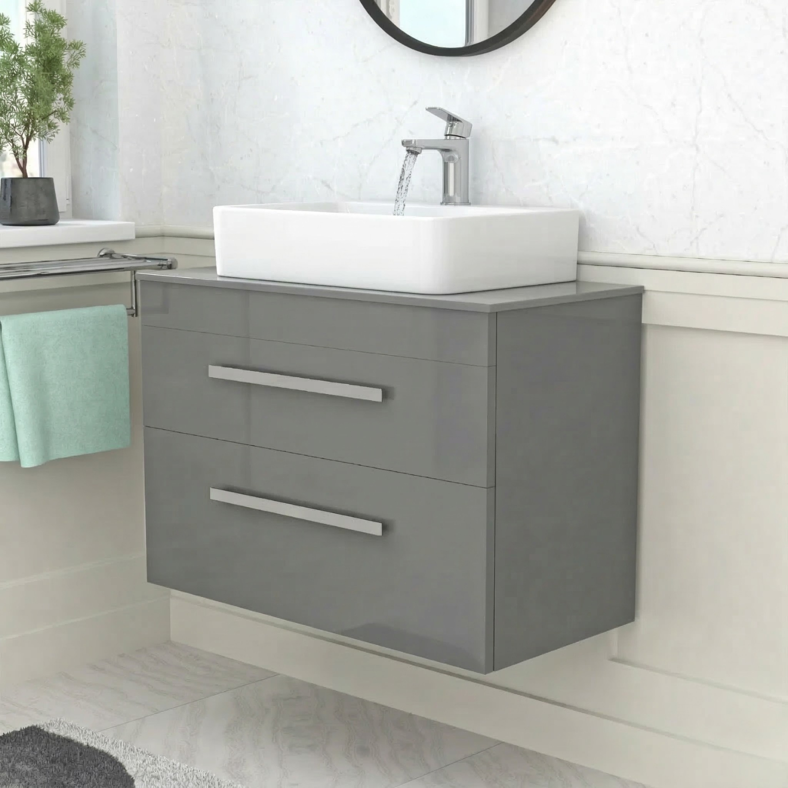 Nanuya 800mm Grey Wall Hung 2 Drawers Vanity Unit + Rectangle Counter Top Basin