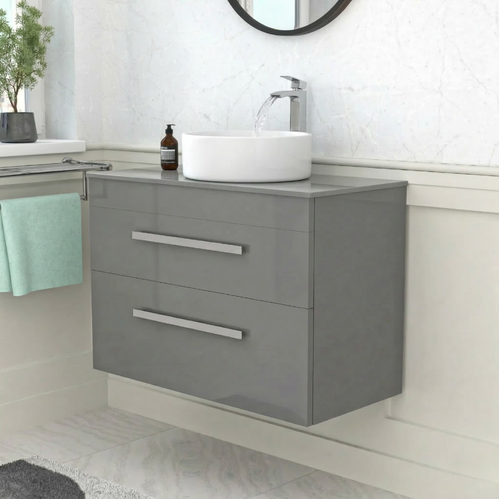 Nanuya 800mm Grey Wall Hung 2 Drawers Vanity Unit + Round Counter Top Basin