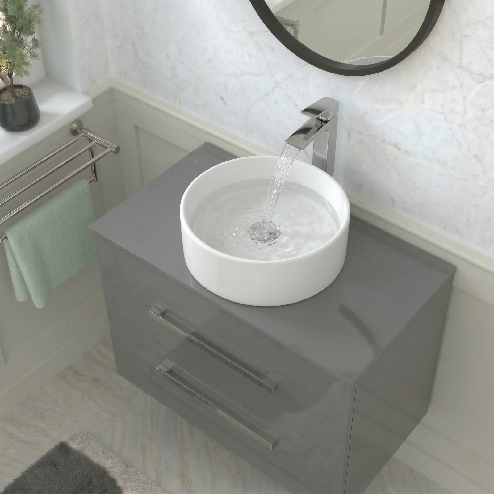 Nanuya 800mm Grey Wall Hung 2 Drawers Vanity Unit + Round Counter Top Basin