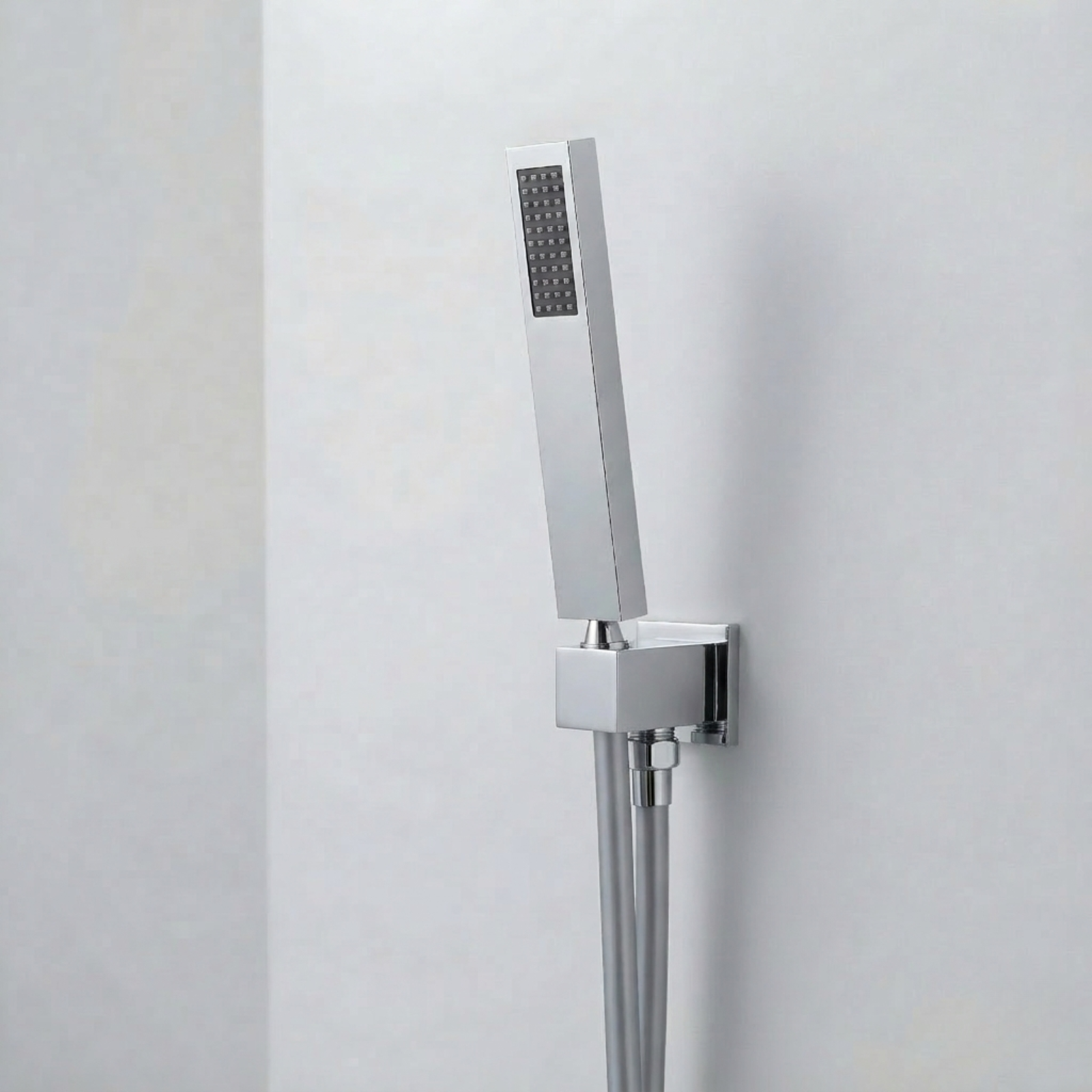 Minimalist Square Chrome Shower Handset Kit with Handset, Wall Outlet & Holder and 1.5m PVC Hose