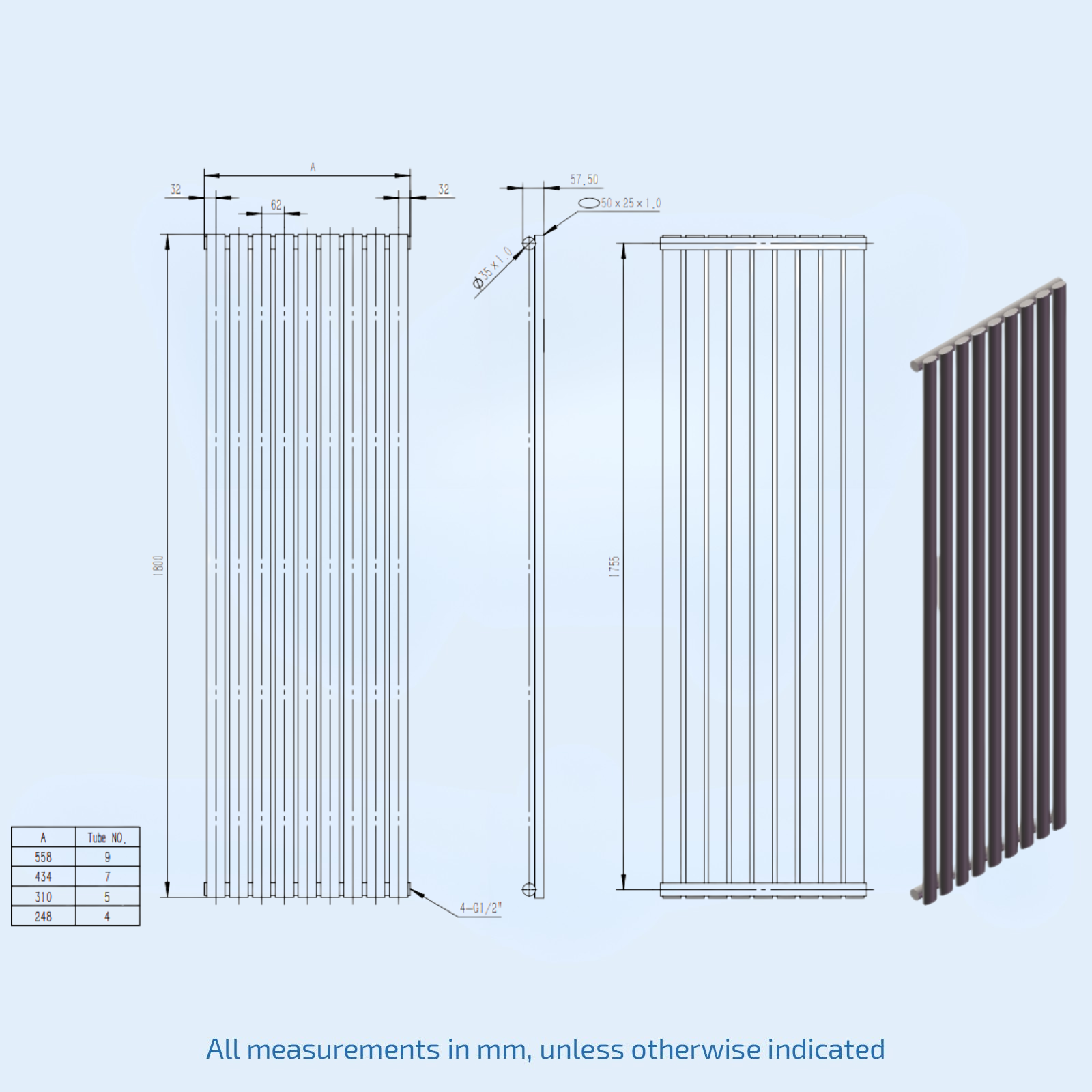 Kartell Aspen Vertical Single 1800mm H x 300mm W White Vertical Designer Radiator - ASP18-31VSW