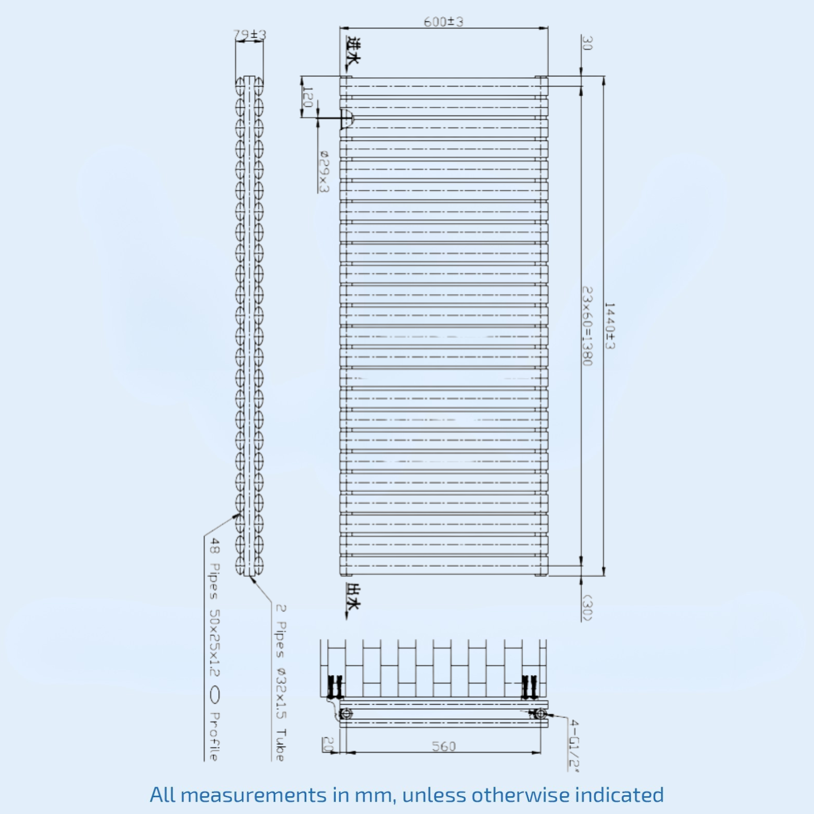 Kartell Aspen Double 600mm H x 1450mm W Anthracite Horizontal Double Designer Radiator - ASP60-145DA