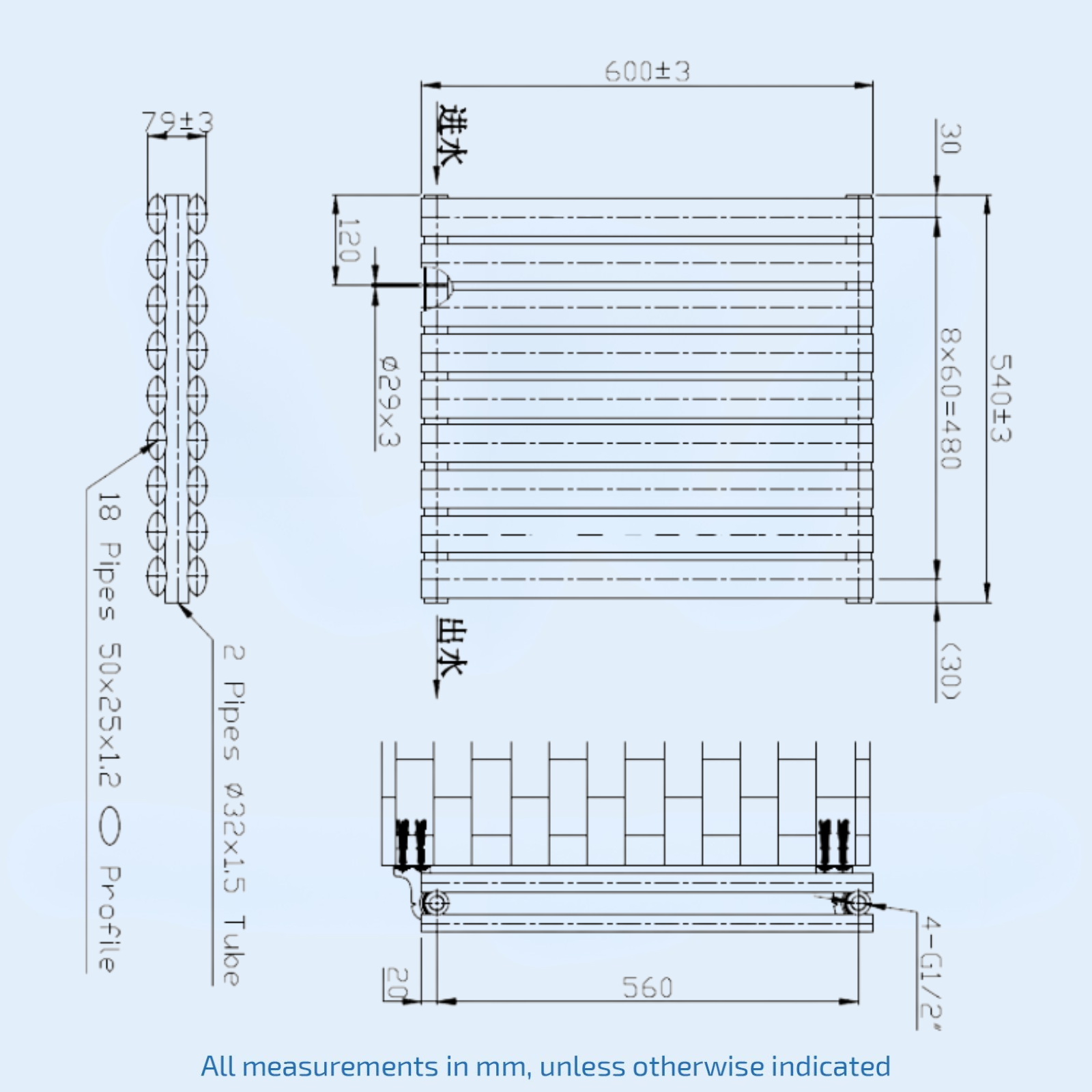 Kartell Aspen Double 600mm H x 550mm W Anthracite Horizontal Designer Radiator - ASP60-55DA