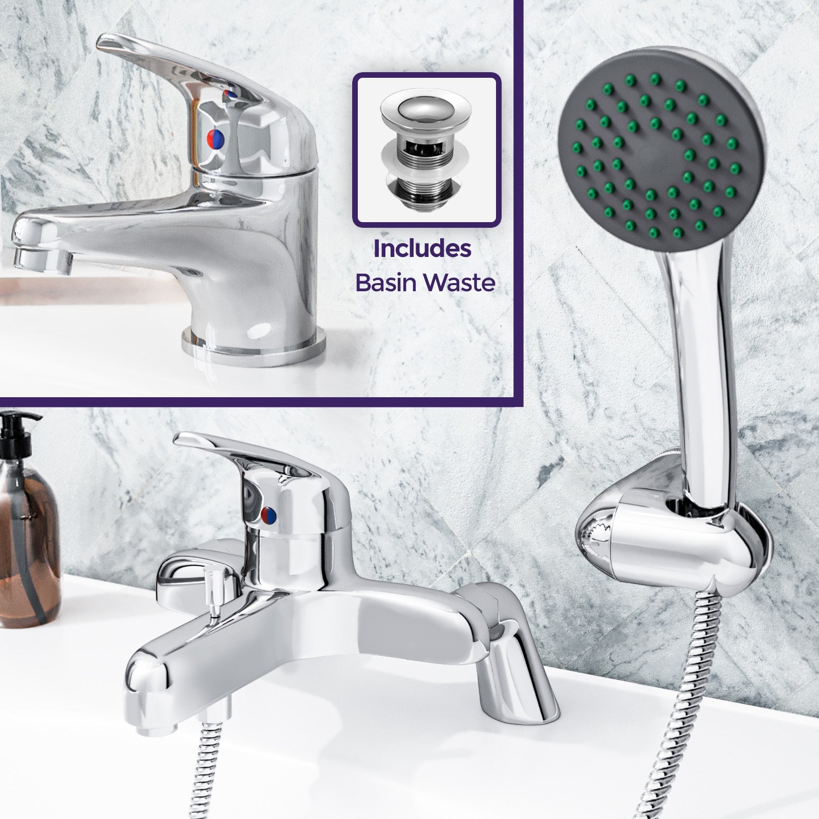 Dame Bathroom Basin Mono Mixer Tap, Bath Shower Mixer Tap & Waste Chrome