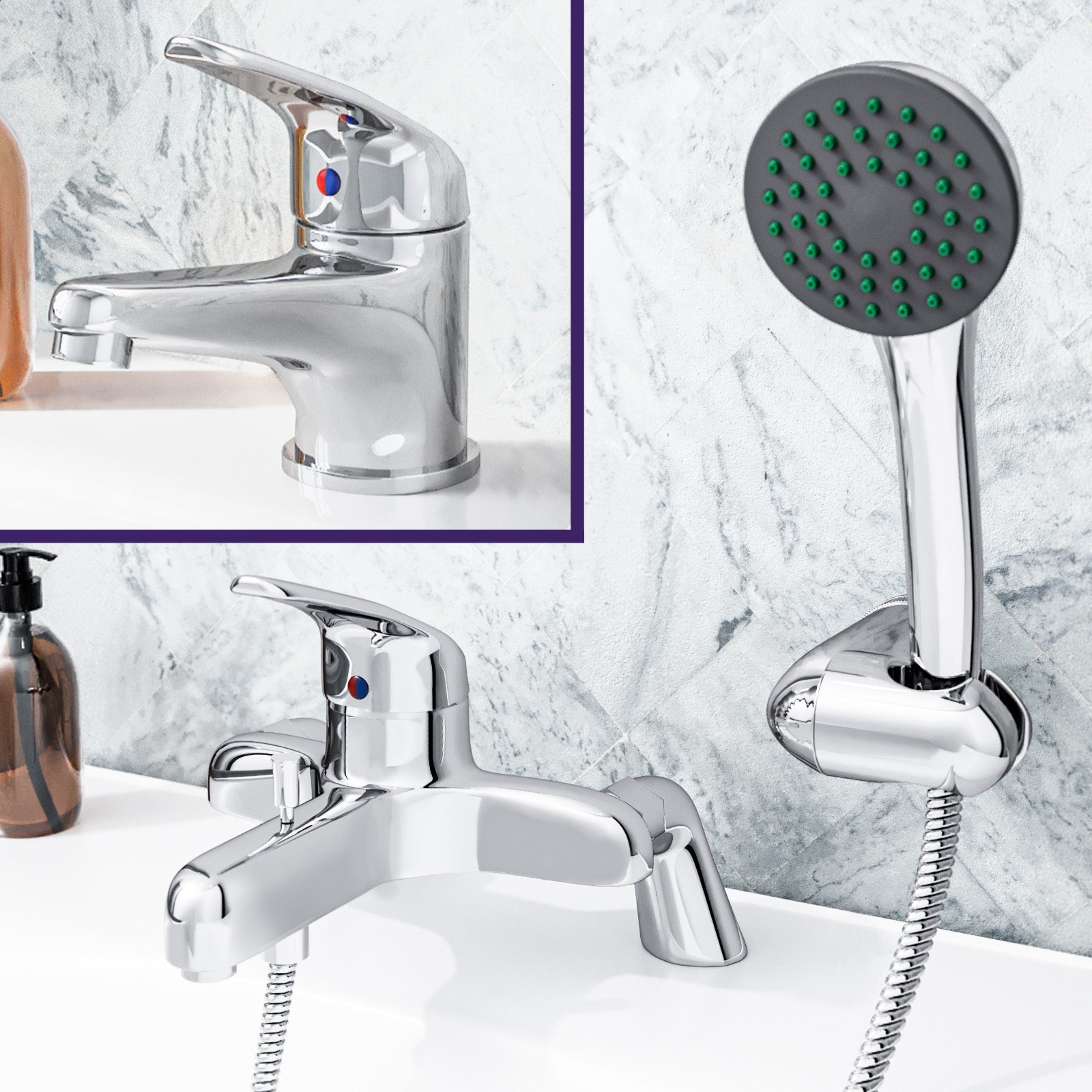 Dame Bathroom Basin Mono Mixer Tap, Bath Shower Mixer Tap & Waste Chrome
