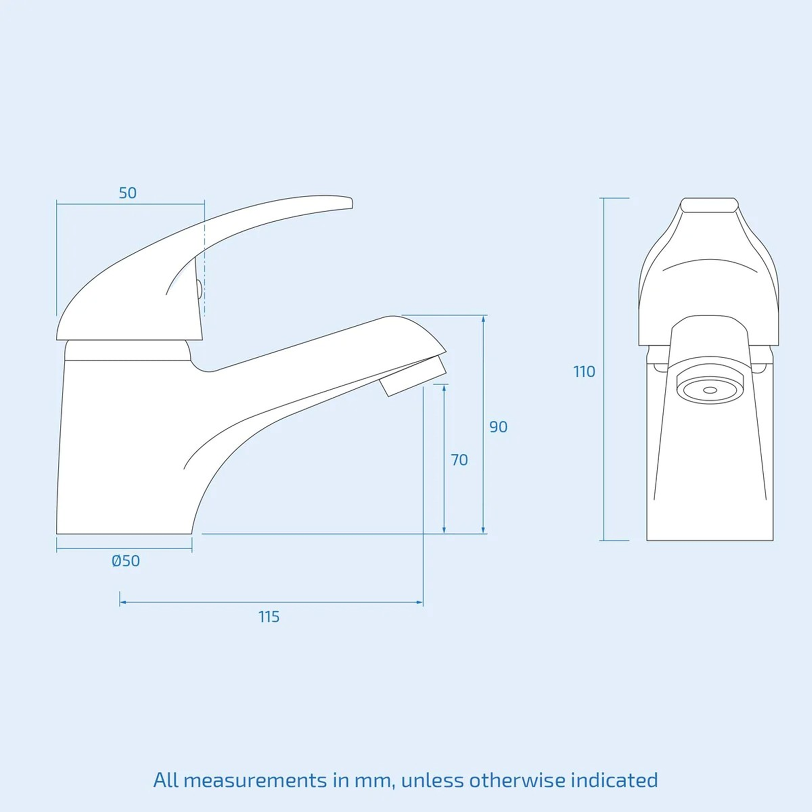 Technical drawing of a faucet with dimensions on a light blue background