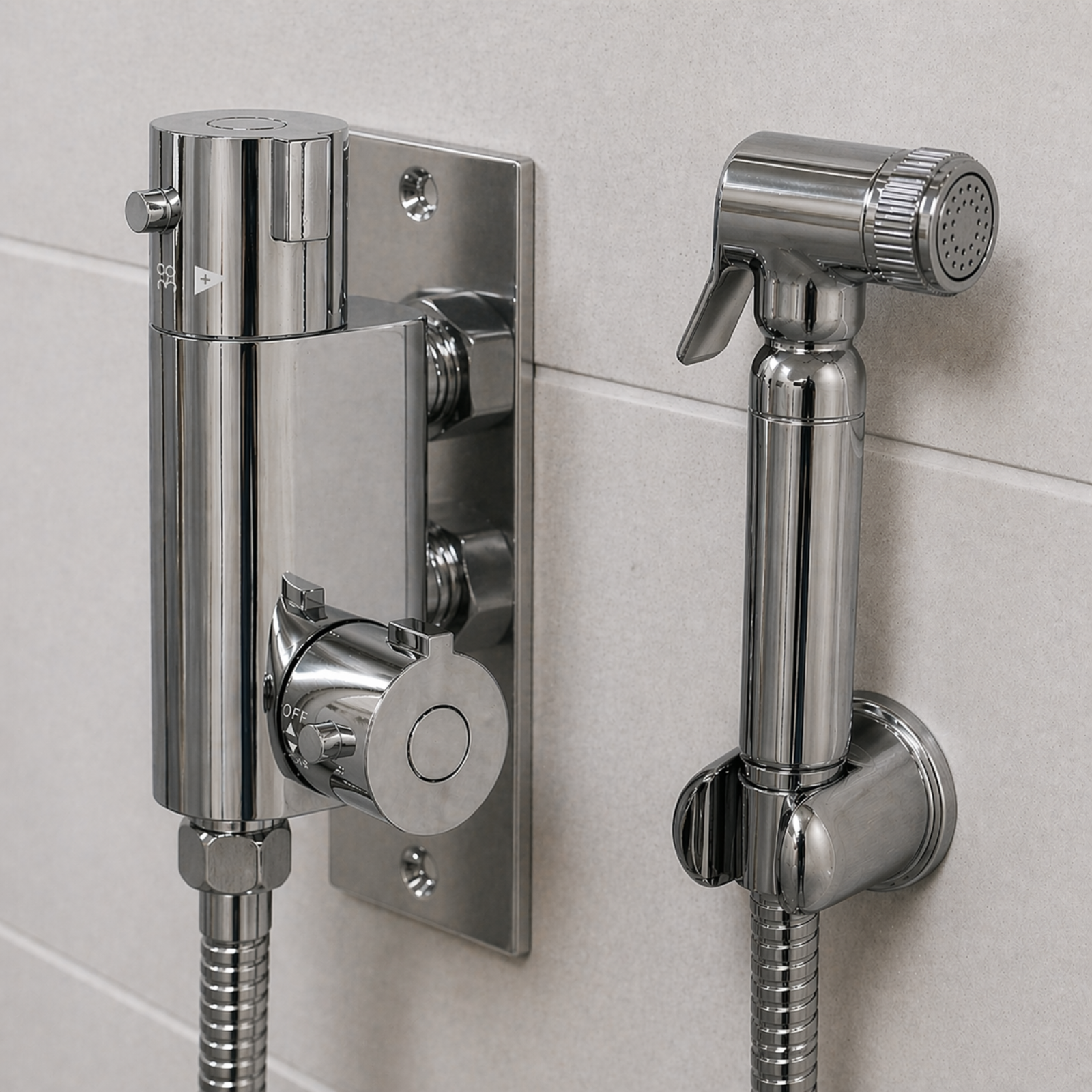 EVA Chrome Shattaf Bidet Spray Kit with Mini Thermostatic Bar Valve – Muslim Douche Spray with Easy Fitting Plate Set