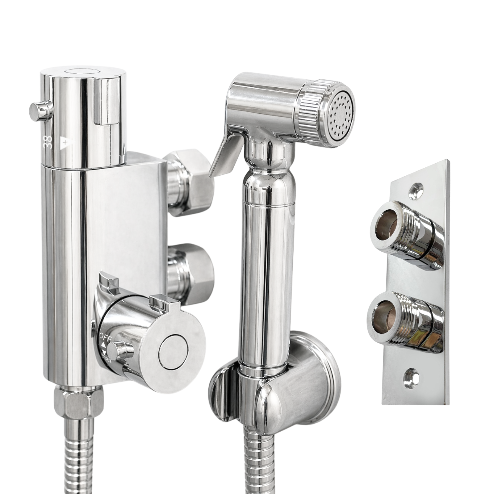 EVA Chrome Shattaf Bidet Spray Kit with Mini Thermostatic Bar Valve – Muslim Douche Spray with Easy Fitting Plate Set