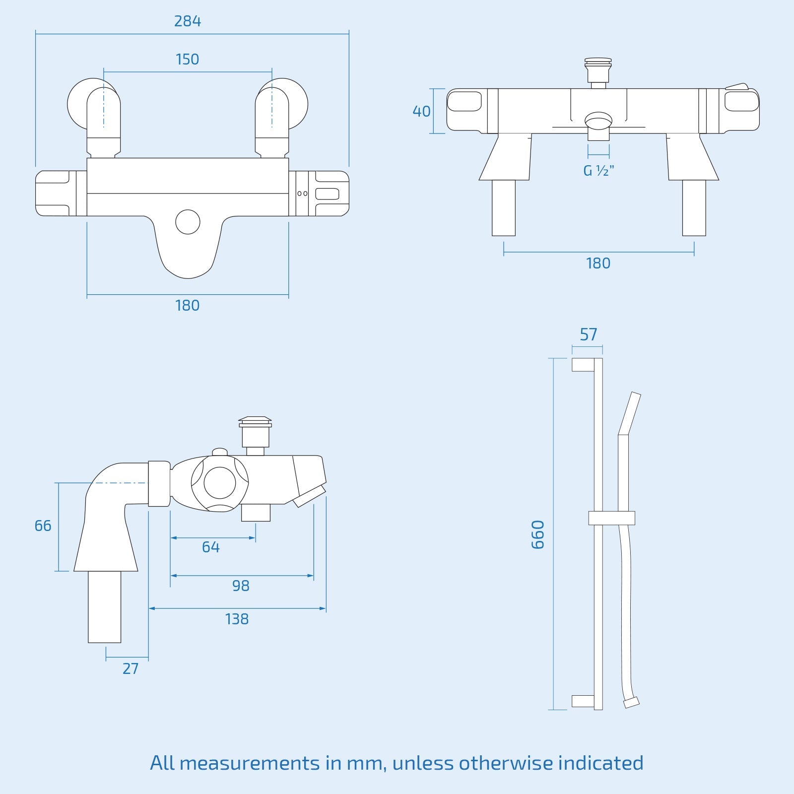 Bexley Thermostatic Deck Mounted Valve Bath Shower Mixer Riser Kit / 3 Mode Handset