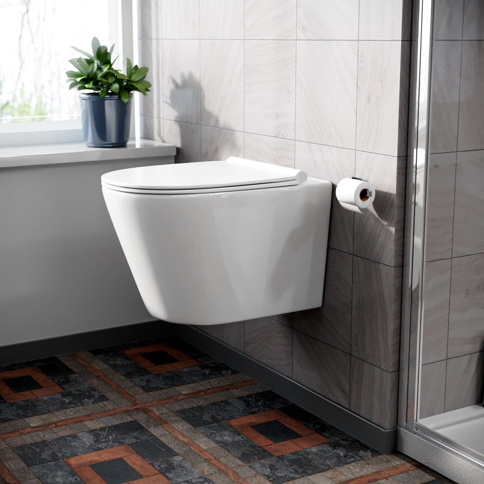 Modern Rimless Wall Hung Toilet with Ultra Slim Soft Close Seat and Wall Frame System