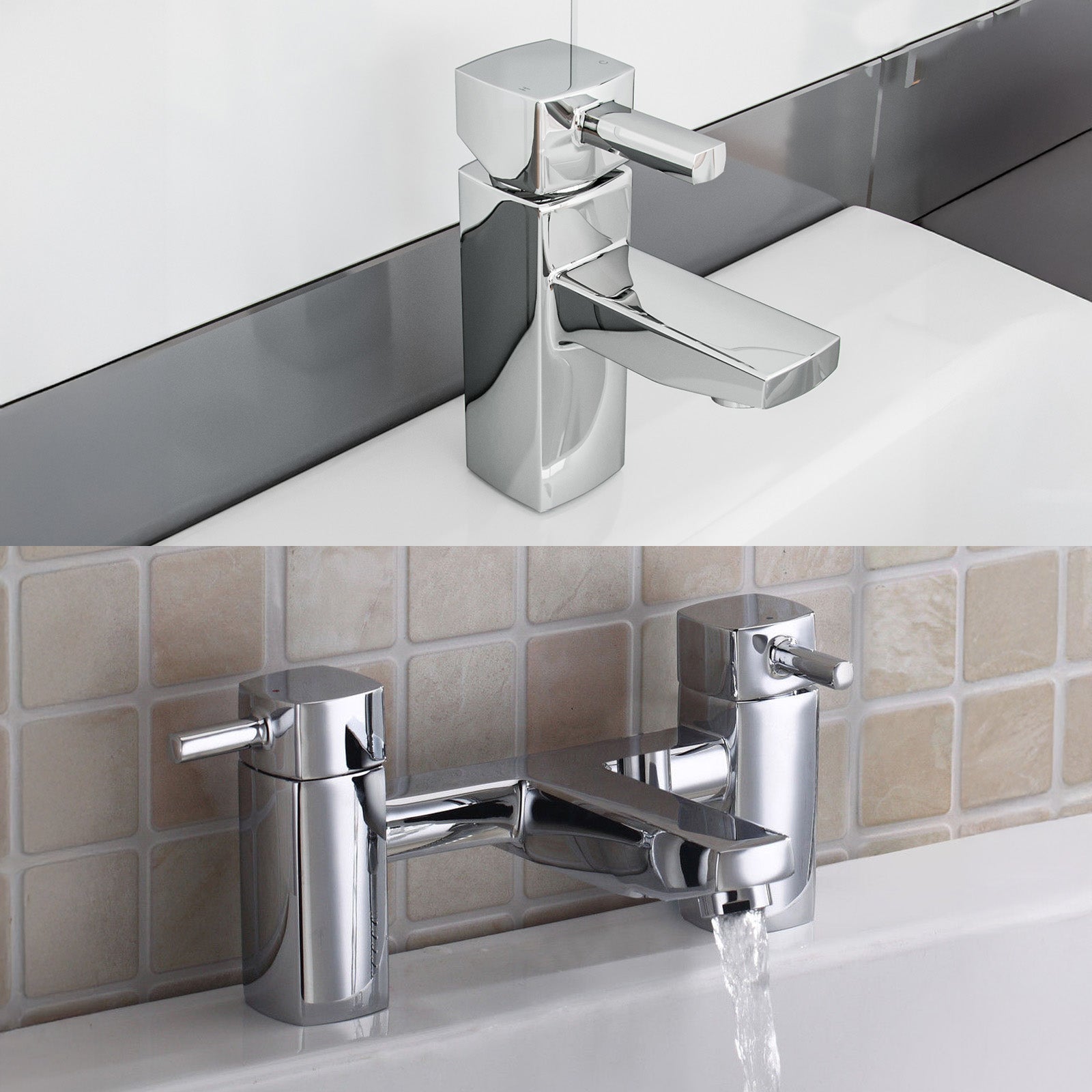 Newport Square Basin Sink Mono Mixer Tap & Bath Filler Tap with Waste