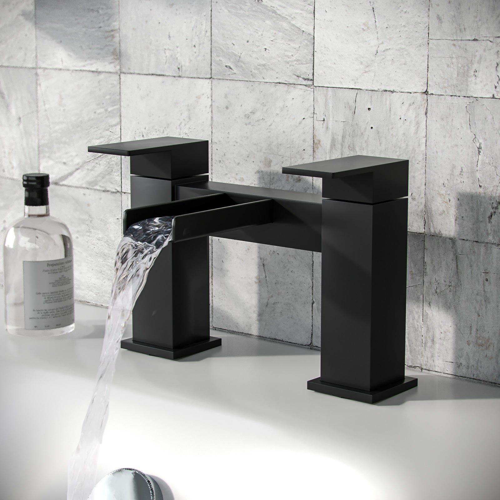 Ozone Contemporary Set Of Waterfall Basin Mono Mixer Tap And Bath Filler Tap & Waste In Matte Black