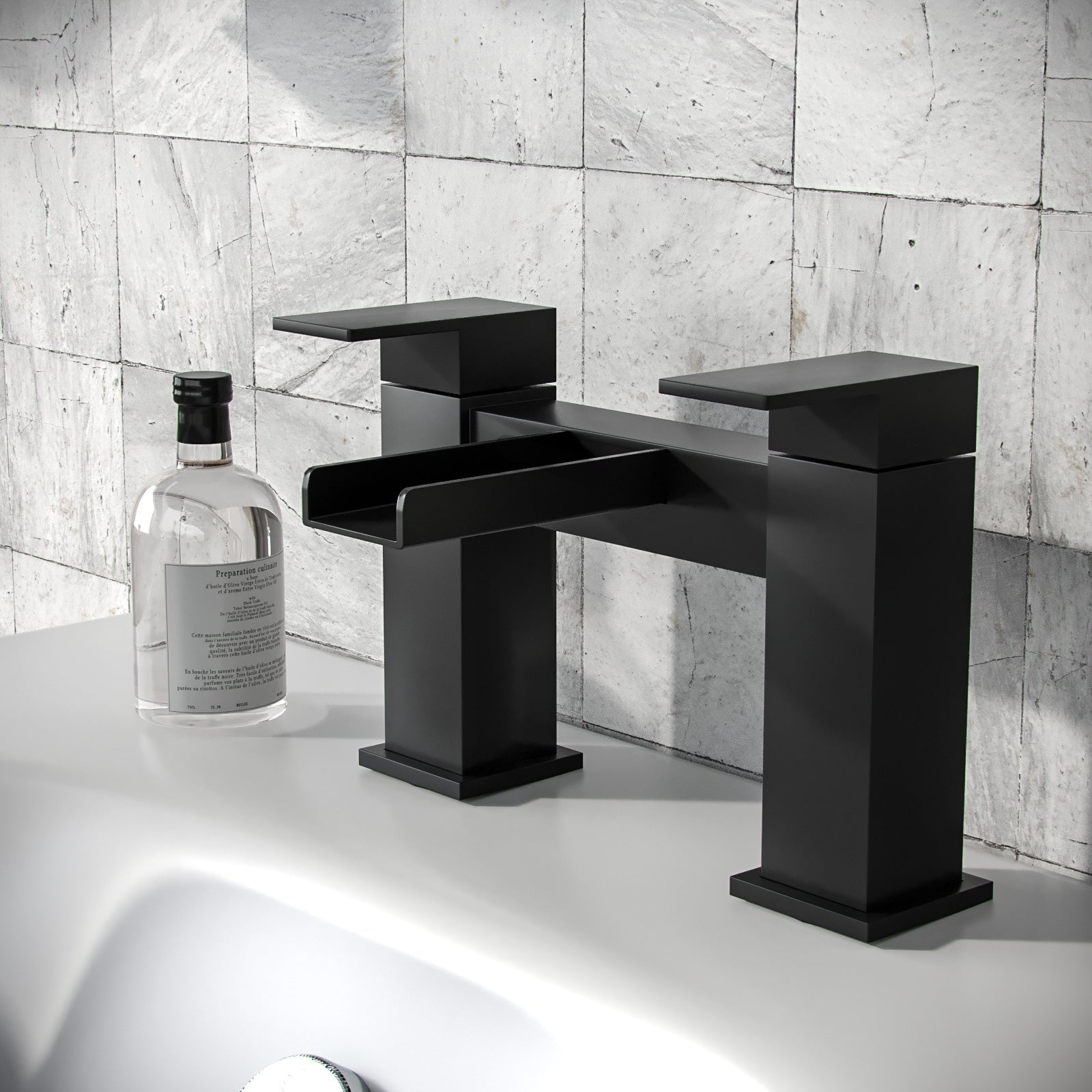 Ozone Modern Matte Black Waterfall Deck Mounted Bath Filler Tap
