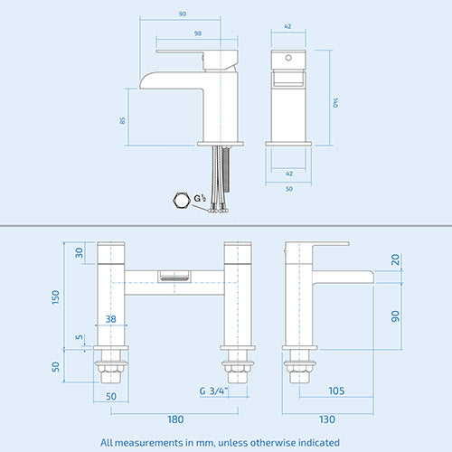 Ozone Contemporary Waterfall Basin Mono Mixer Tap & Deck Mounted Bath Filler Tap