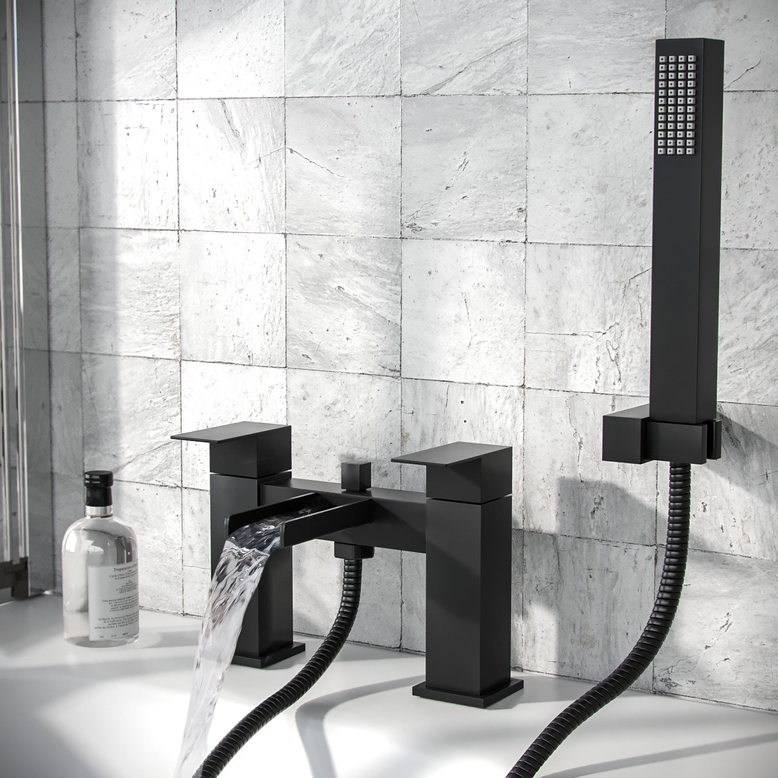 Ozone Contemporary Matte Black Waterfall Bath Shower Mixer Tap With Handset Kit