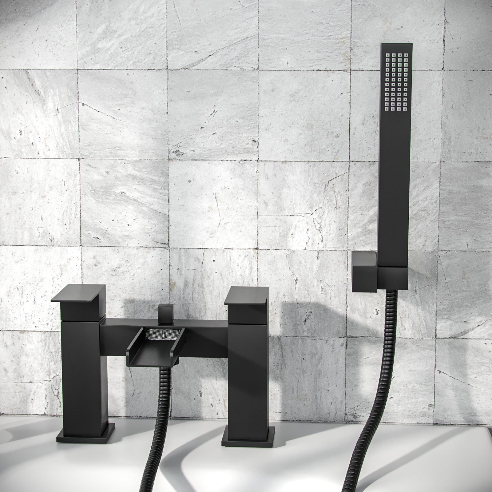 Ozone Contemporary Matte Black Waterfall Bath Shower Mixer Tap With Handset Kit