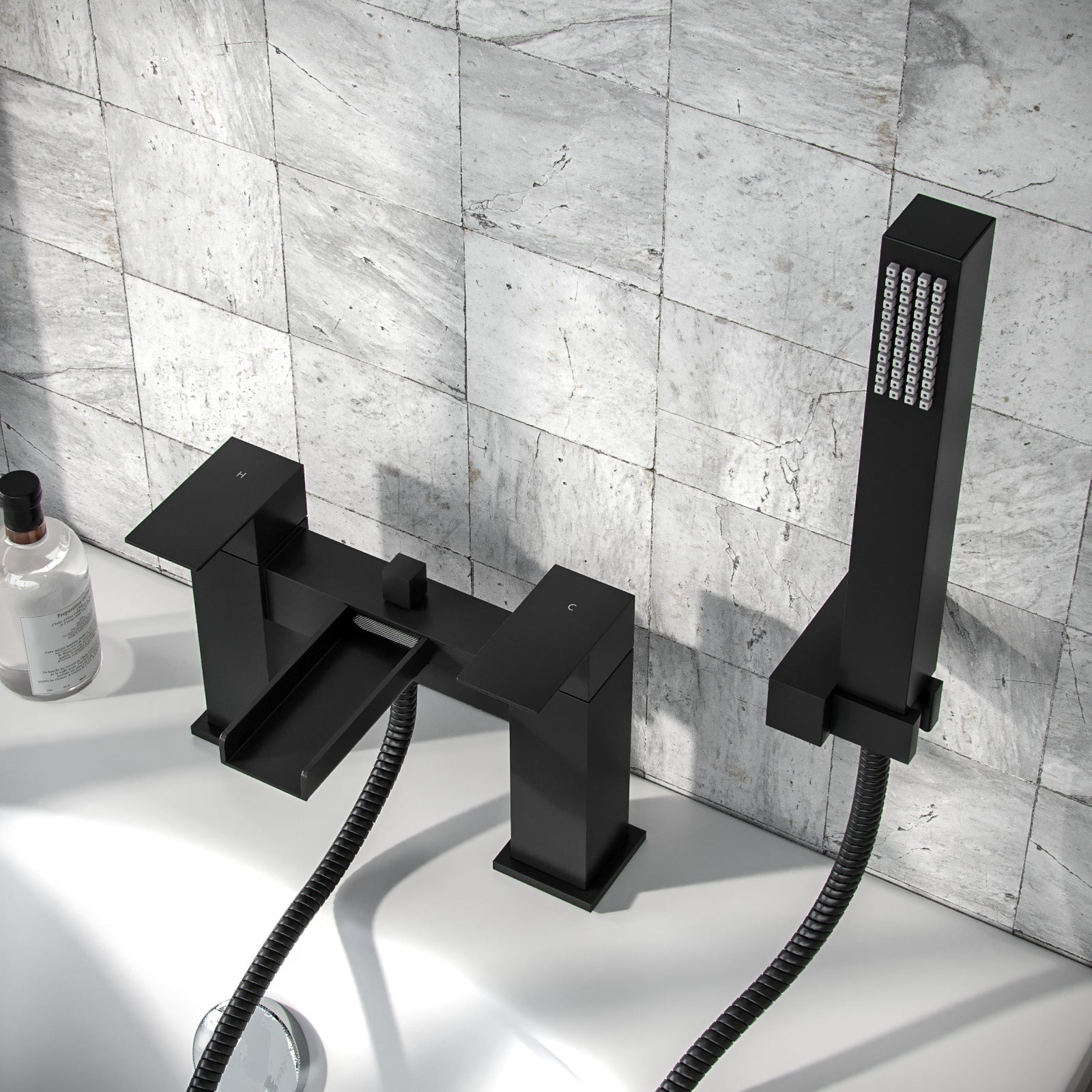 Ozone Contemporary Matte Black Waterfall Bath Shower Mixer Tap With Handset Kit