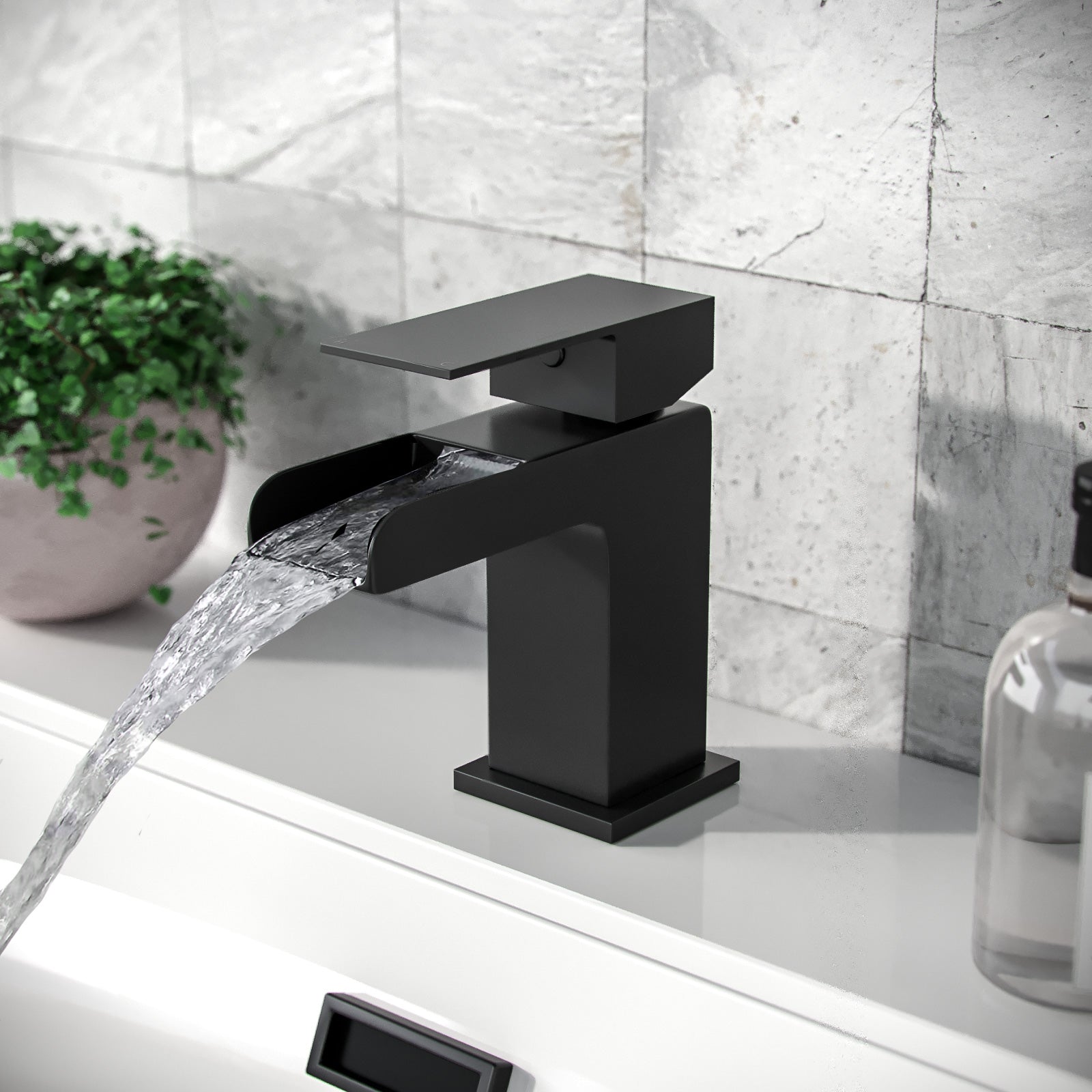 Ozone Contemporary Set Of Waterfall Basin Mono Mixer Tap And Bath Filler Tap & Waste In Matte Black