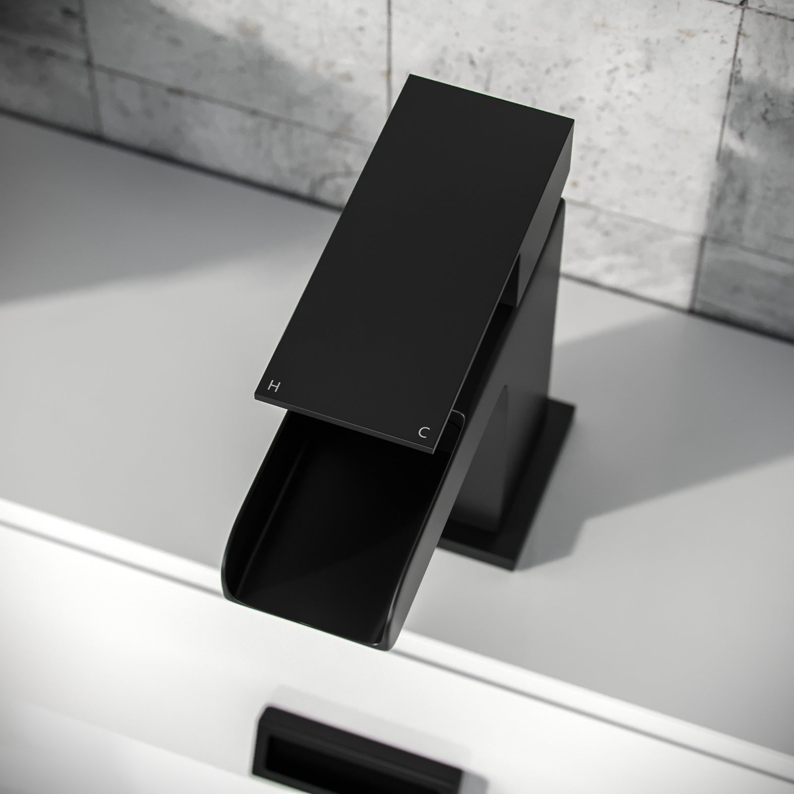 Ozone Contemporary Set Of Waterfall Basin Mono Mixer Tap And Bath Filler Tap & Waste In Matte Black