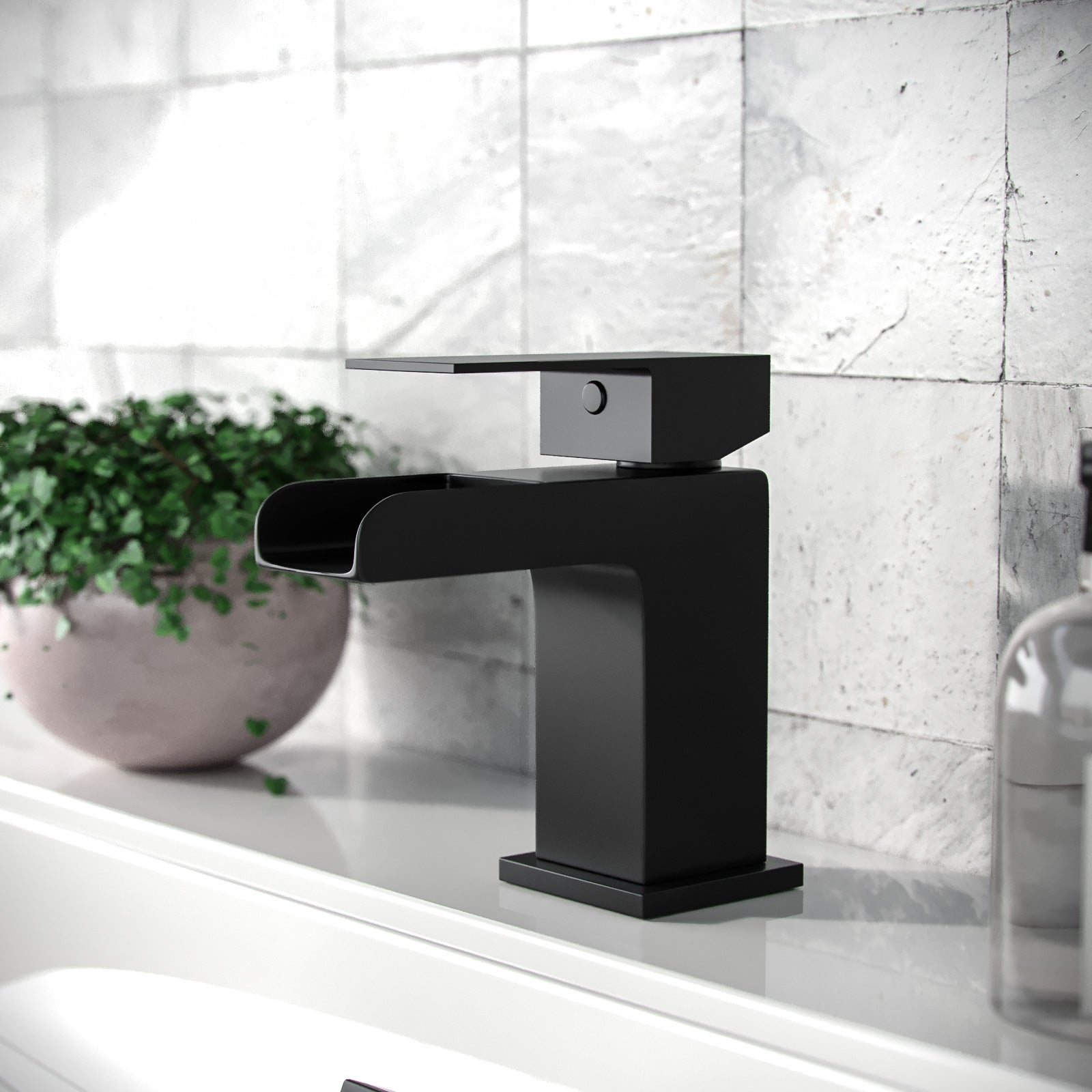 Ozone Contemporary Set Of Waterfall Basin Mono Mixer Tap And Bath Filler Tap & Waste In Matte Black