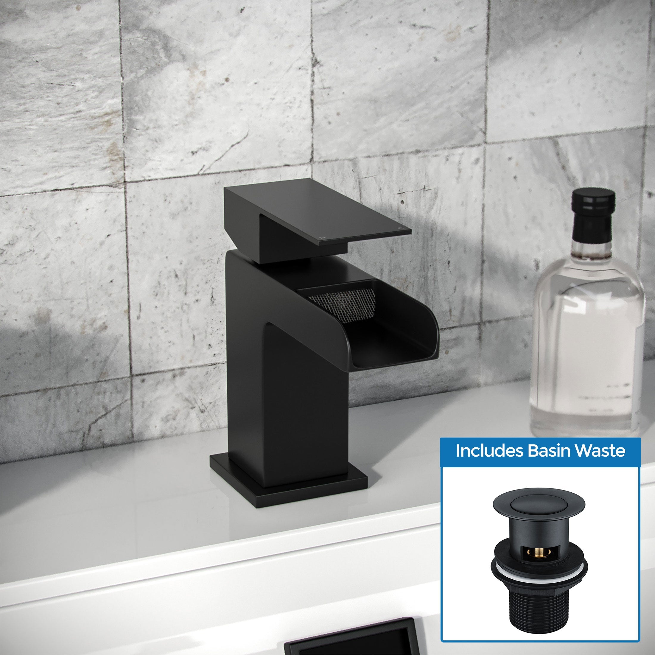 Ozone Modern Matte Black Waterfall Basin Mono Mixer Tap