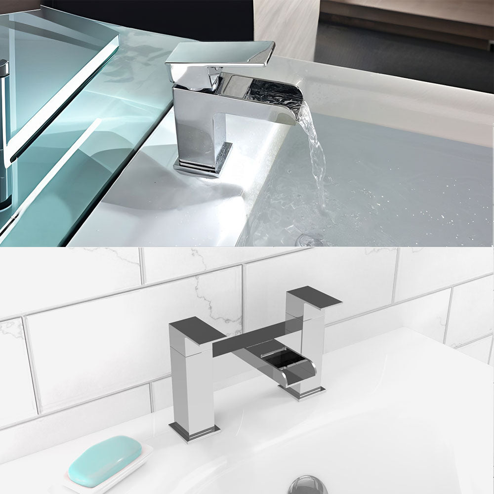 Ozone Contemporary Waterfall Basin Mono Mixer Tap & Deck Mounted Bath Filler Tap