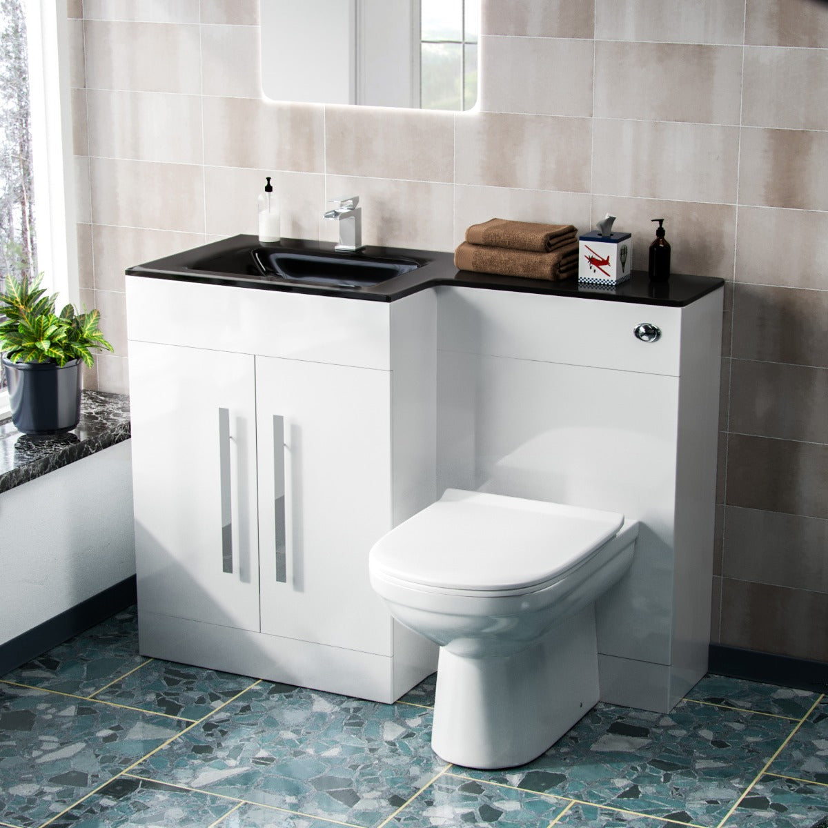 Aric 1100mm Vanity Basin Unit, WC Unit & Elso Back to Wall Toilet White with Black Basin