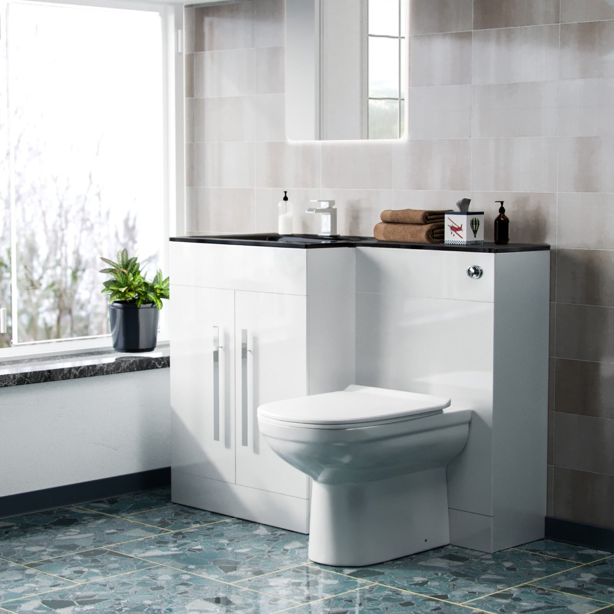 Aric 1100mm Vanity Basin Unit, WC Unit & Elso Back to Wall Toilet White with Black Basin