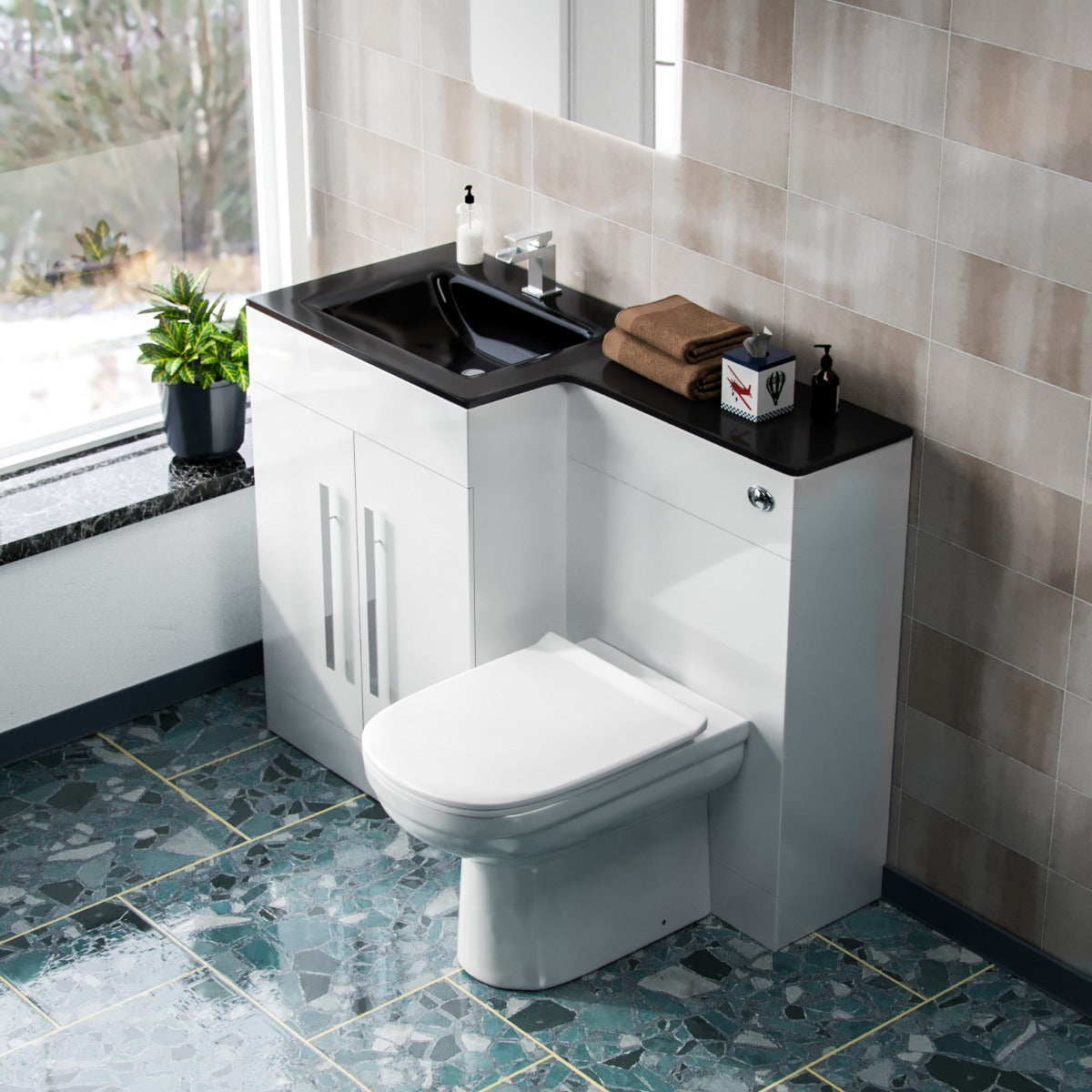 Aric 1100mm Vanity Basin Unit, WC Unit & Elso Back to Wall Toilet White with Black Basin