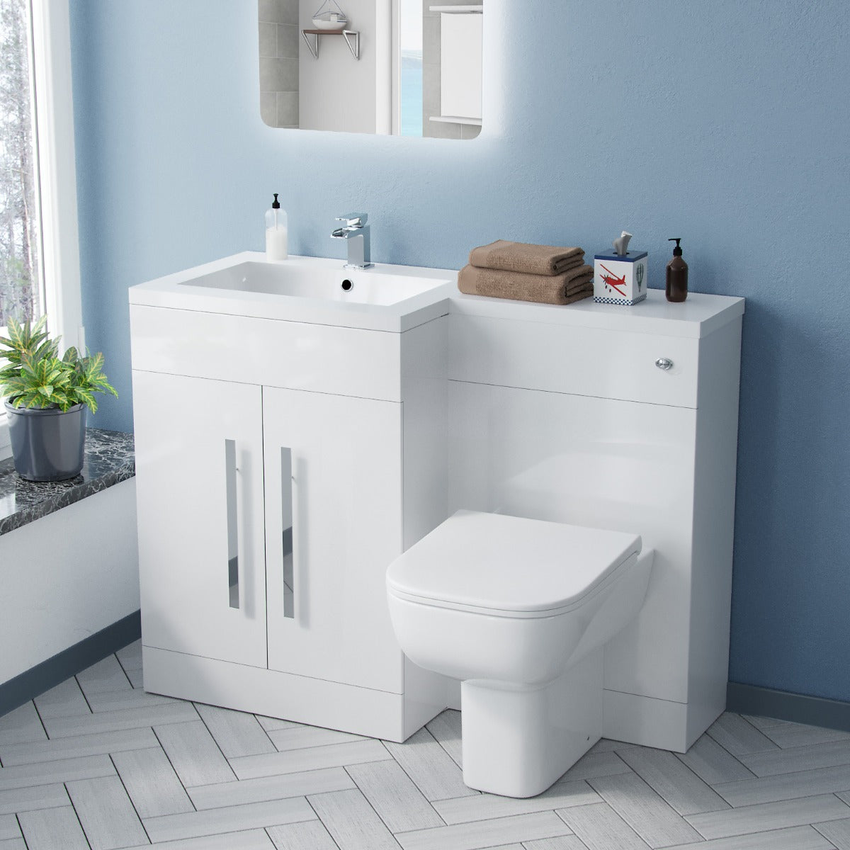 Aric LH 1100mm Flat Pack Vanity Basin Unit, WC Unit & Debra Rimless Back To Wall Toilet White