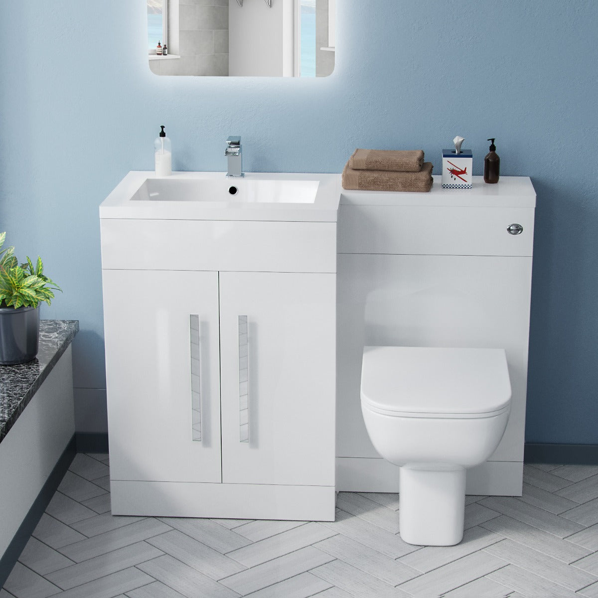 Aric LH 1100mm Flat Pack Vanity Basin Unit, WC Unit & Debra Rimless Back To Wall Toilet White