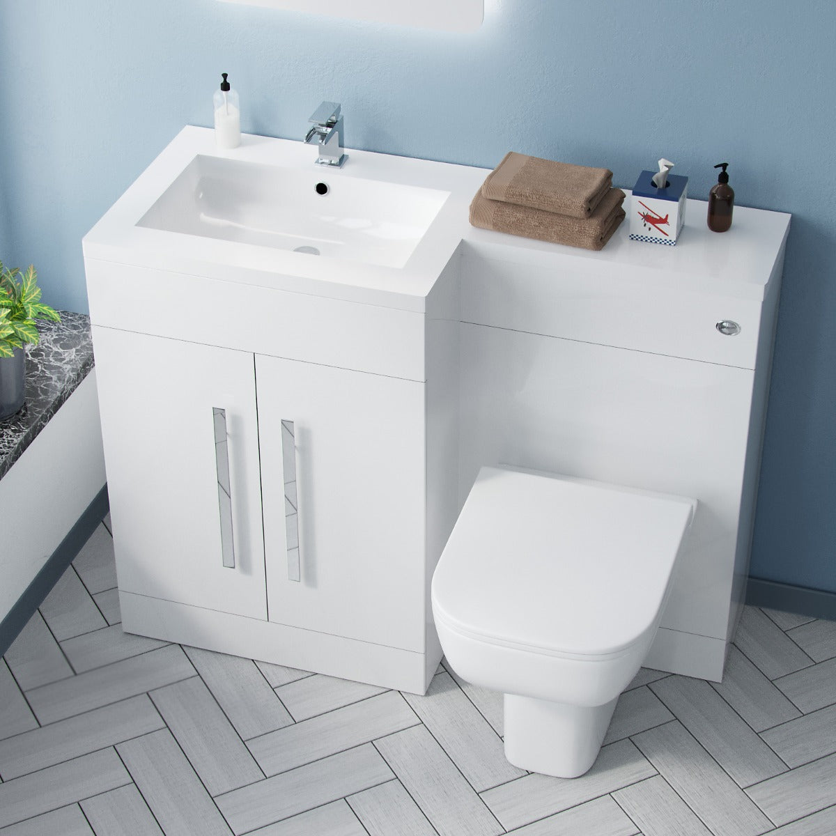 Aric LH 1100mm Flat Pack Vanity Basin Unit, WC Unit & Debra Rimless Back To Wall Toilet White