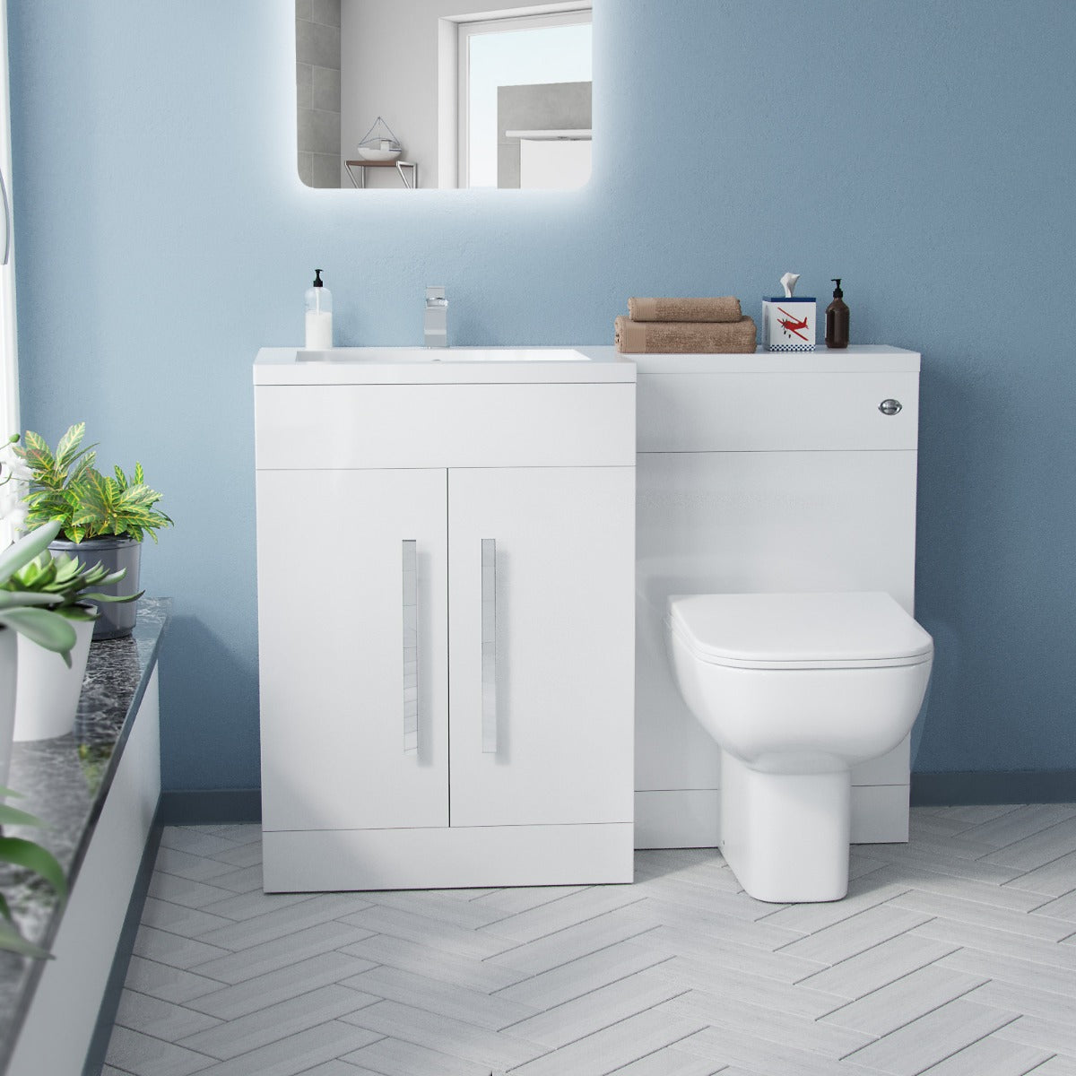 Aric LH 1100mm Flat Pack Vanity Basin Unit, WC Unit & Debra Rimless Back To Wall Toilet White