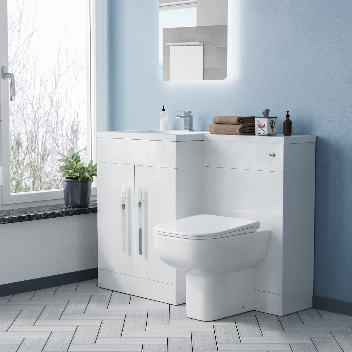 Aric LH 1100mm Flat Pack Vanity Basin Unit, WC Unit & Debra Rimless Back To Wall Toilet White