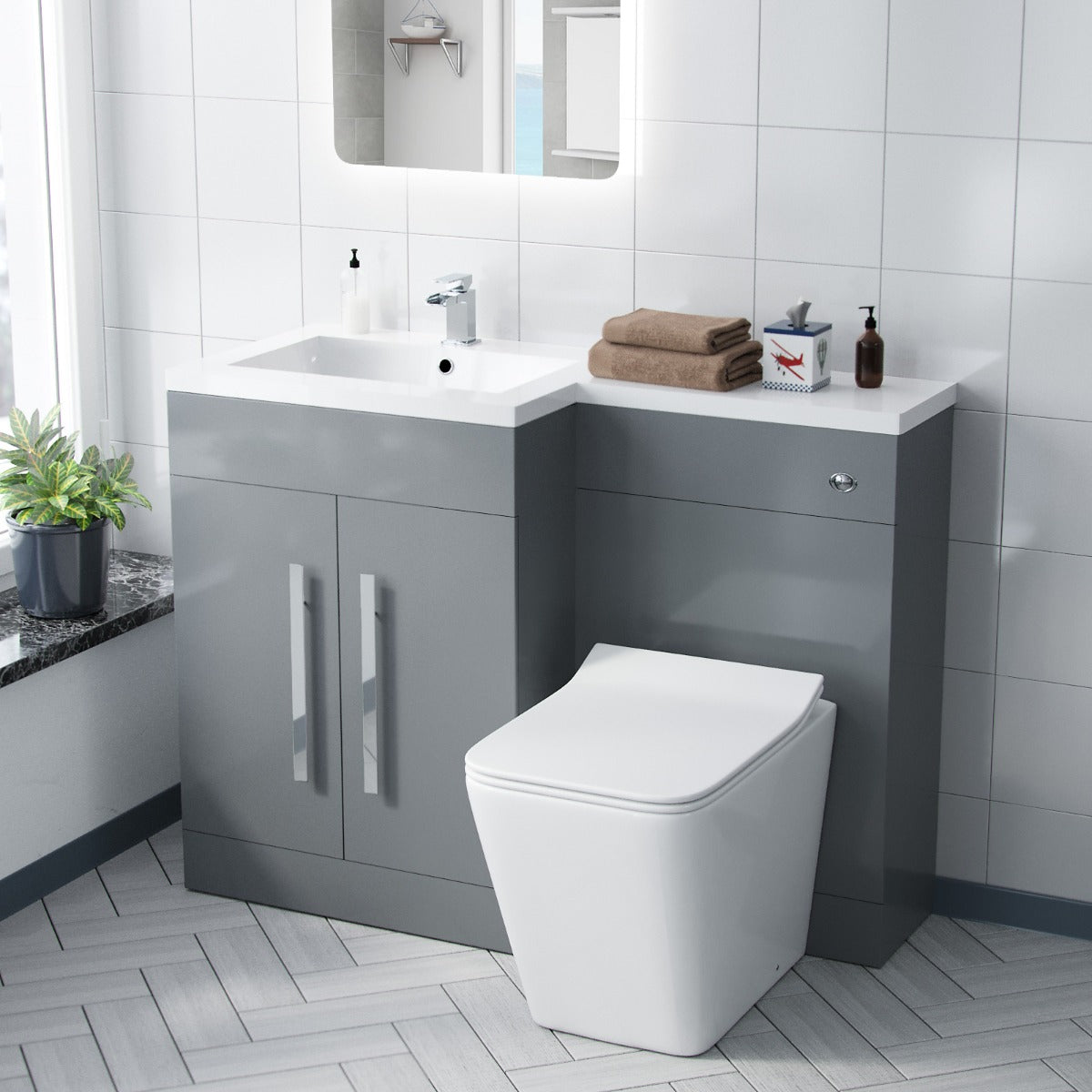 Aric LH 1100mm Flat Pack Vanity Basin Unit, WC Unit & Elora Back To Wall Toilet Grey