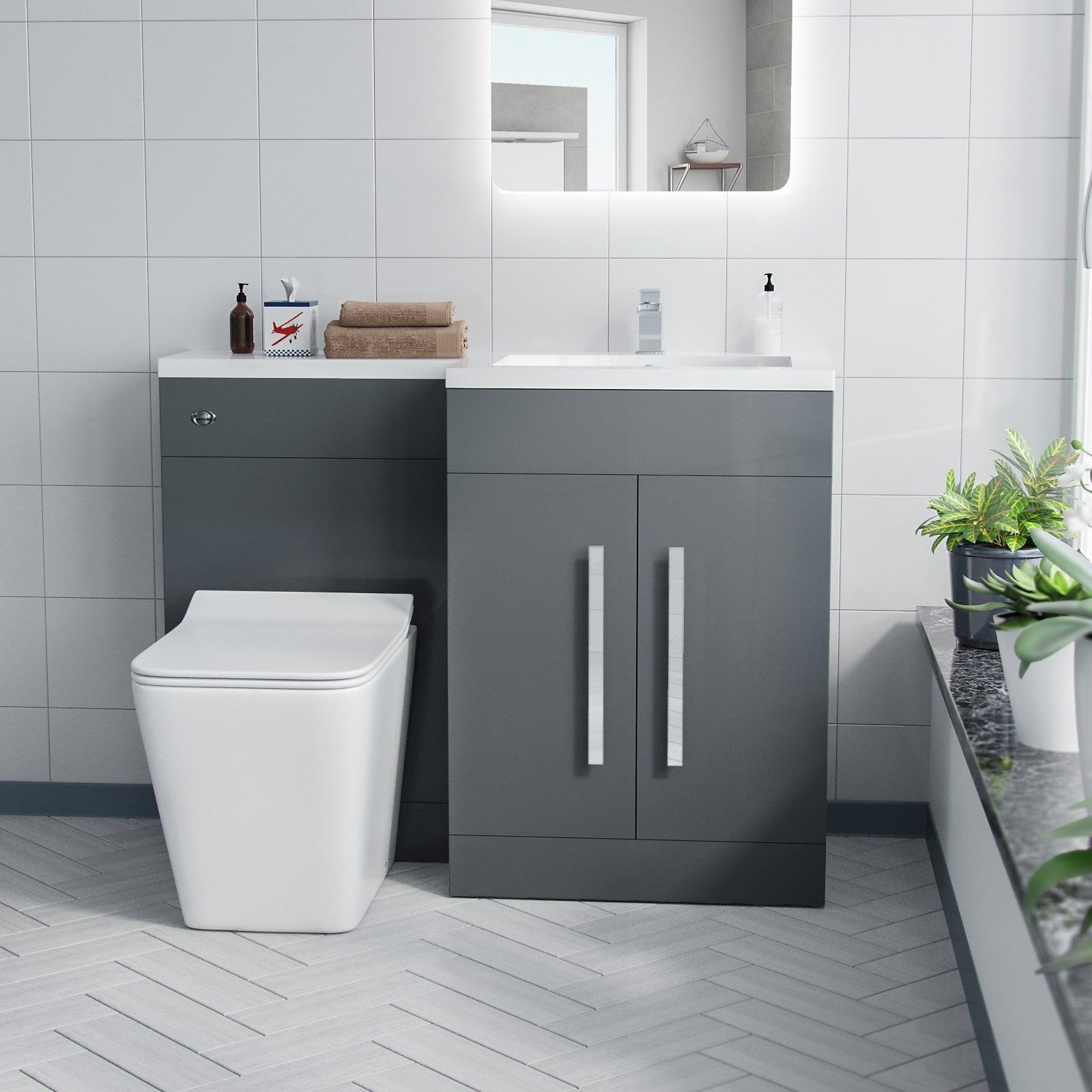 Aric RH 1100mm Vanity Basin Unit, WC Unit & Elora Back To Wall Toilet Grey