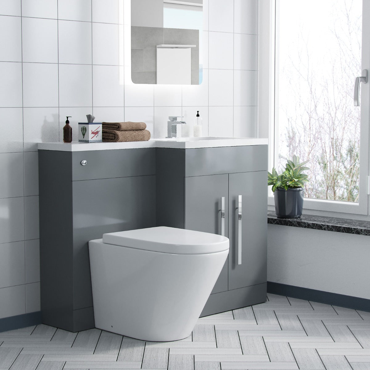 Aric RH 1100mm Flat pack Vanity Basin Unit, WC Unit & Debra Back To Wall Toilet Grey