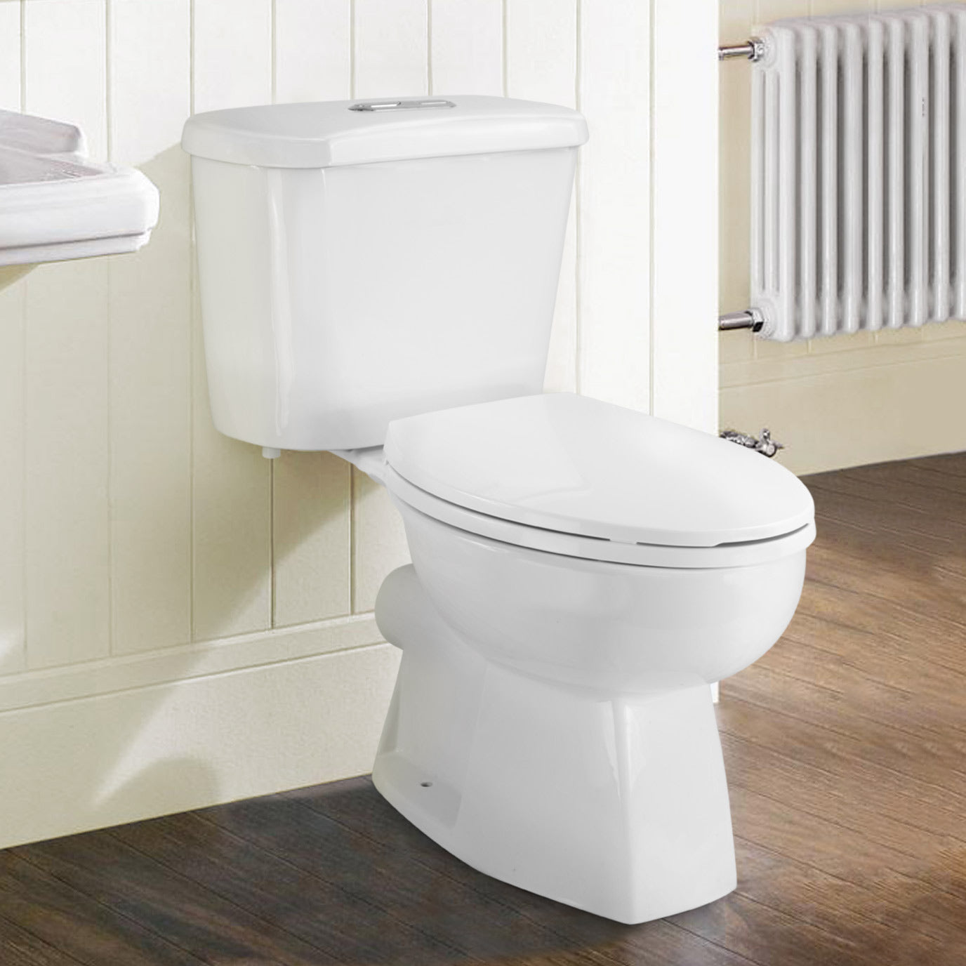 Senore White 1700mm P-Shaped Bath and Screen Basin Flat Pack Vanity Unit Close Coupled Toilet Mono and Shower Mixer Taps & Wastes