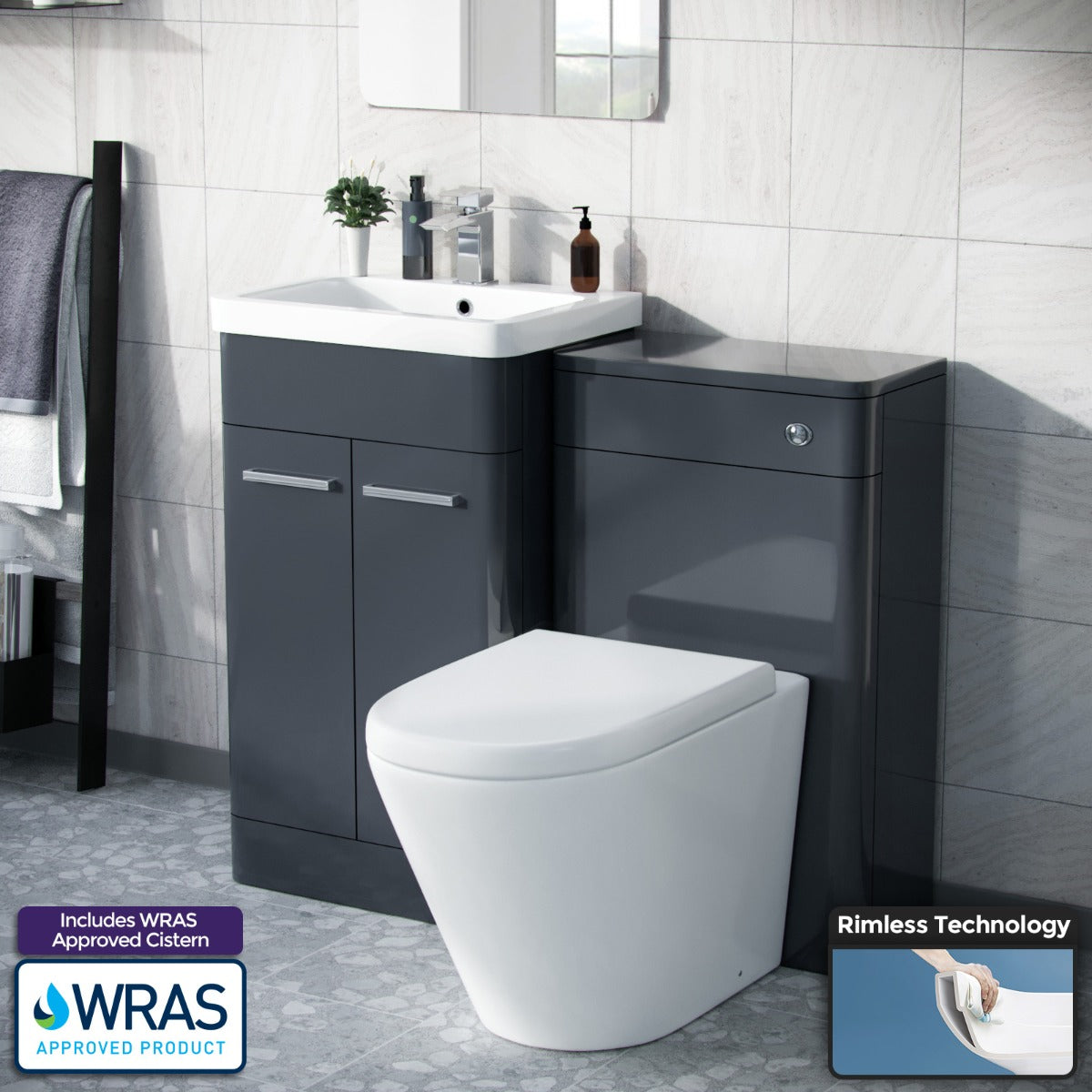 Afern 1000mm Vanity Cabinet, WC Unit Rimless BTW Toilet Dark Grey