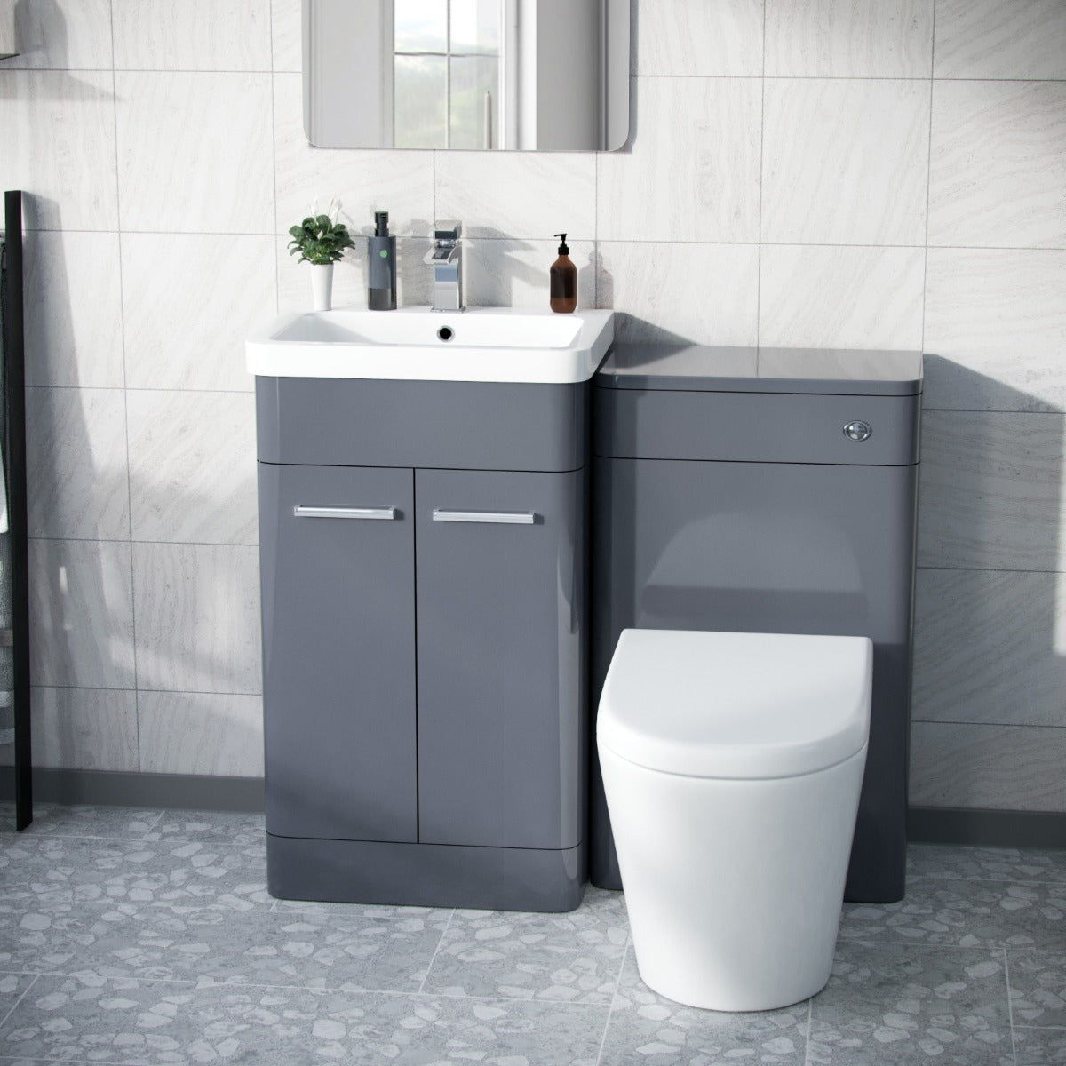 Afern 1000mm Steel Grey Vanity Cabinet with WC Unit And Round Rimless BTW Toilet Amie